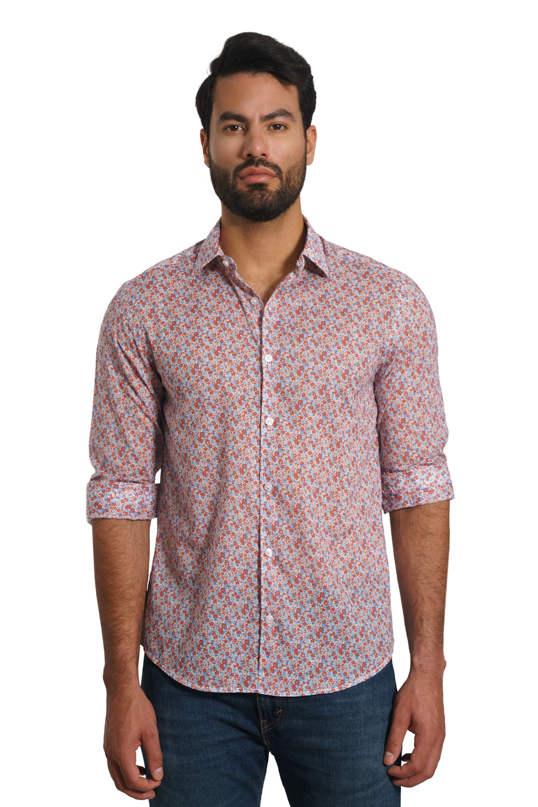 jared lang dress shirt Jared Lang summer dress shirt blue silver buttons 100% cotton M flip cuff print