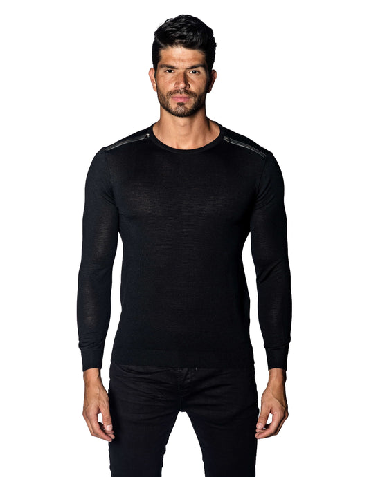 Black Sweater Crew Neck Zipper Piping for Men 1888-BK - Front - Jared Lang