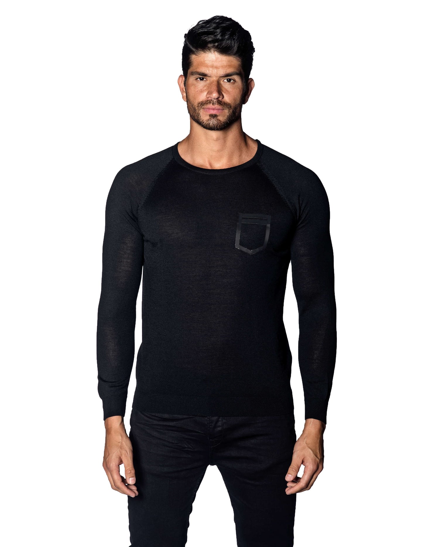 Black Sweater Crew Neck with Faux Pocket for Men 1896-BK - Front - Jared Lang