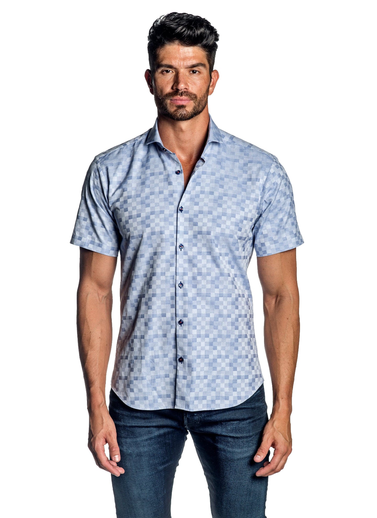 Light Blue Jacquard Short Sleeve Shirt for Men AH-ITA-T-9102-SS.