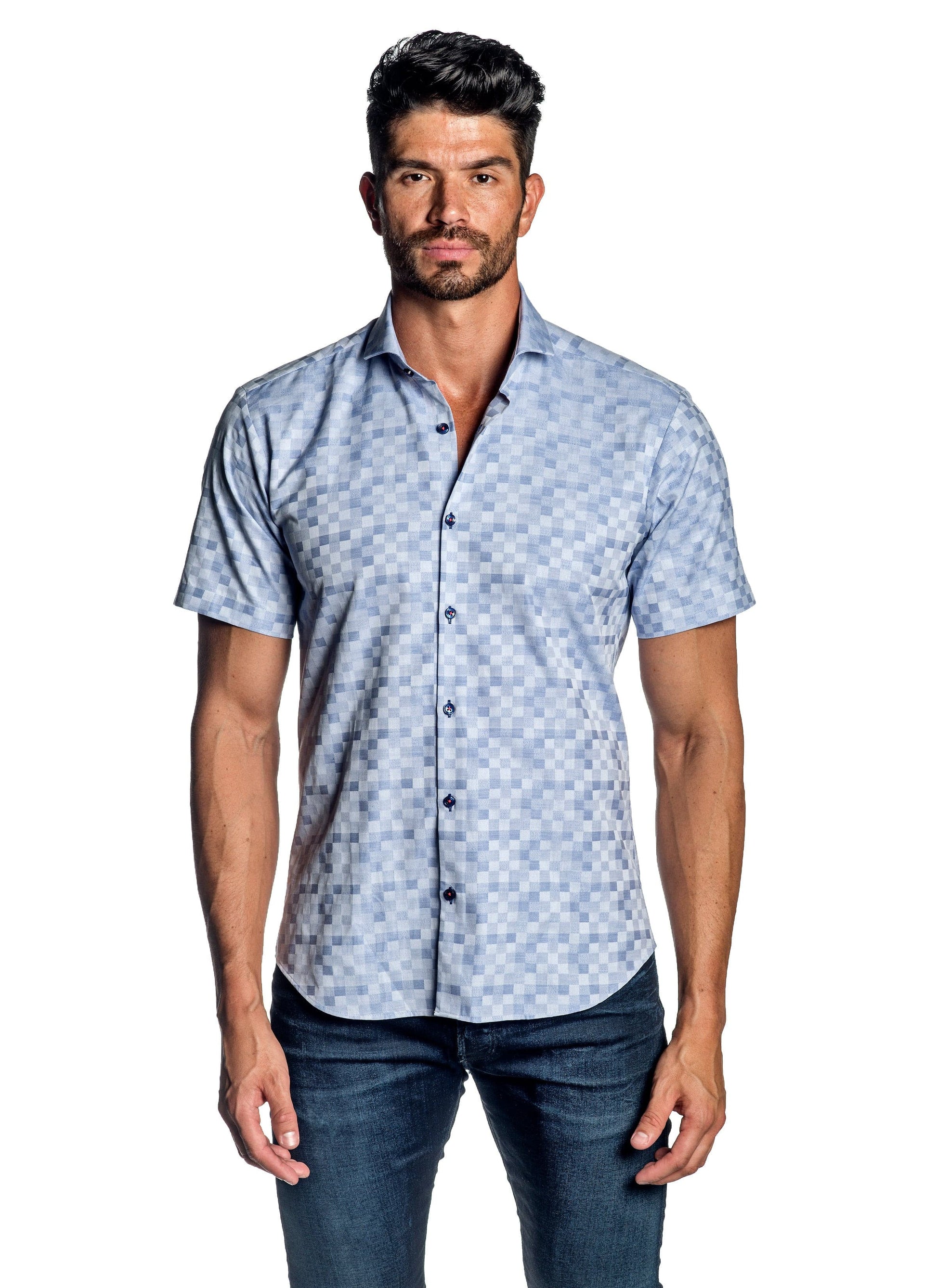 Light Blue Jacquard Short Sleeve Shirt for Men AH-ITA-T-9102-SS.