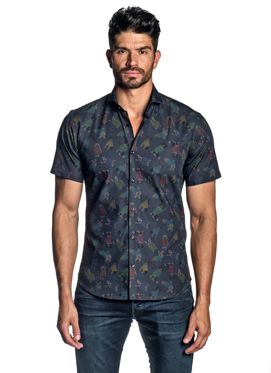 Navy Dog Print Short Sleeve Men's Shirt AH-ITA-T-9159-SS.