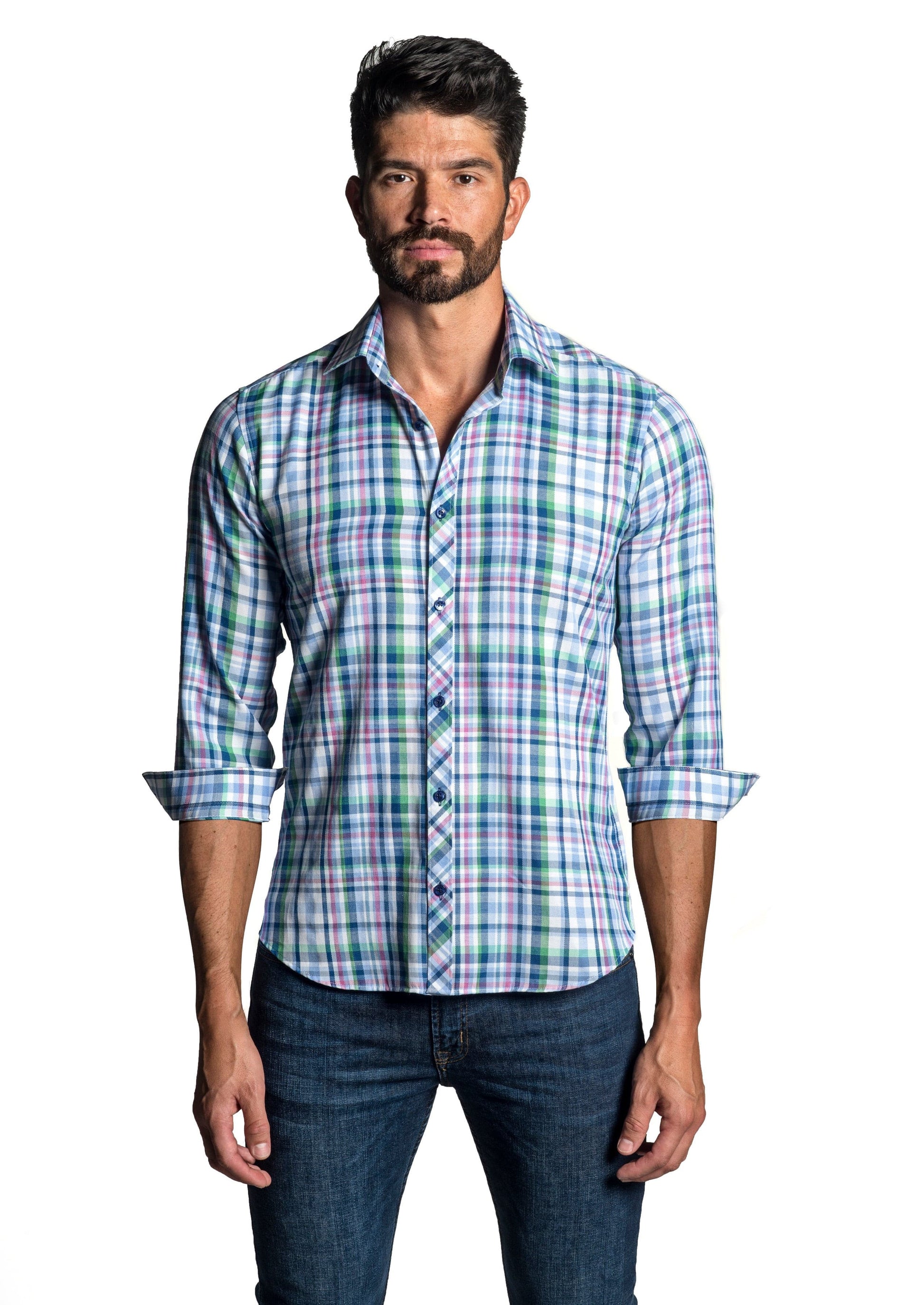 White - Blue Long Sleeve Shirt OT-6661 - Front - Jared Lang