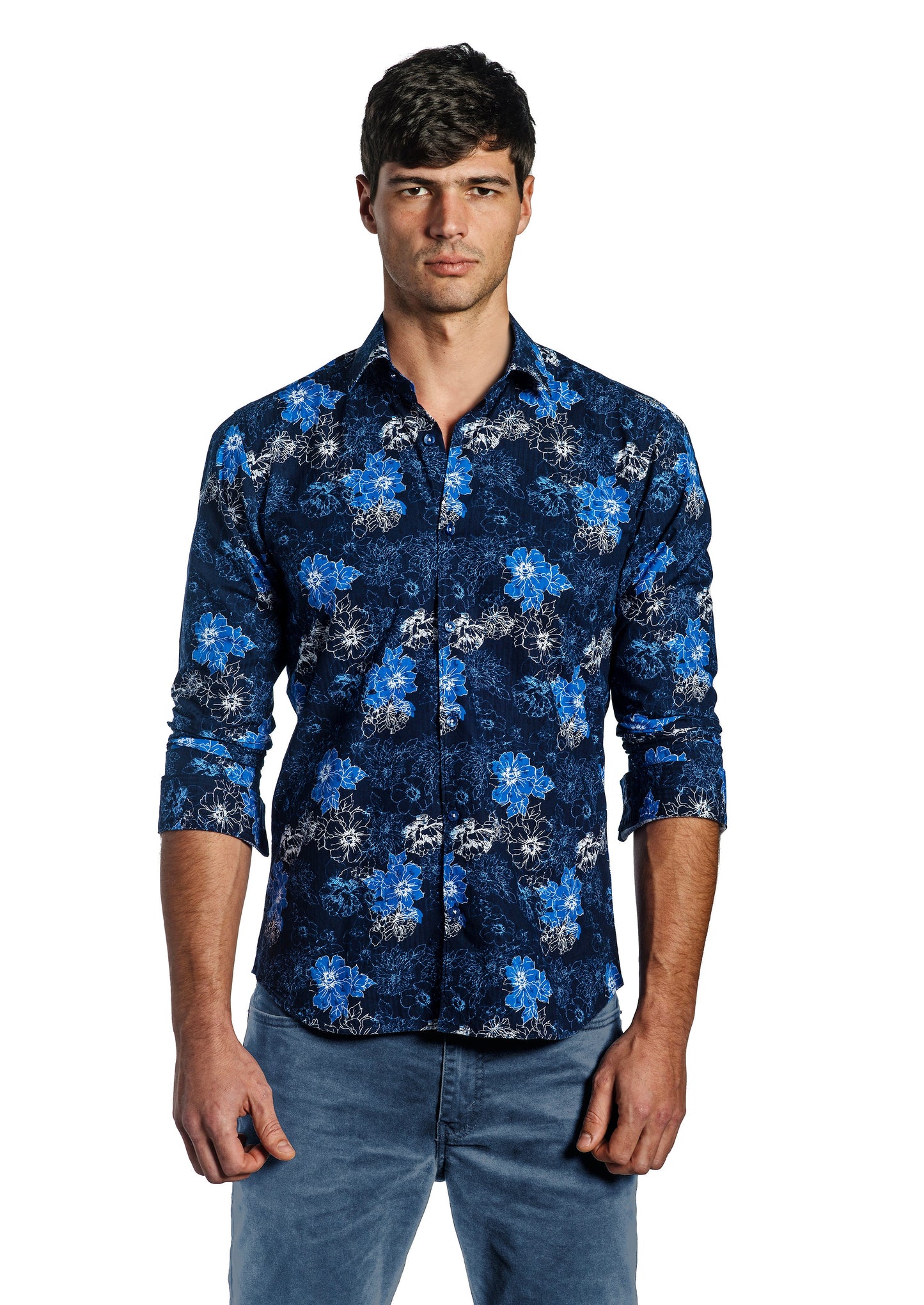 Dark Navy Floral Long Sleeve Shirt T-6682 Front