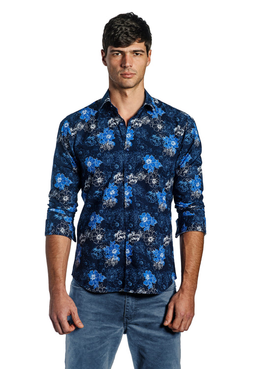 Dark Navy Floral Long Sleeve Shirt T-6682 Front