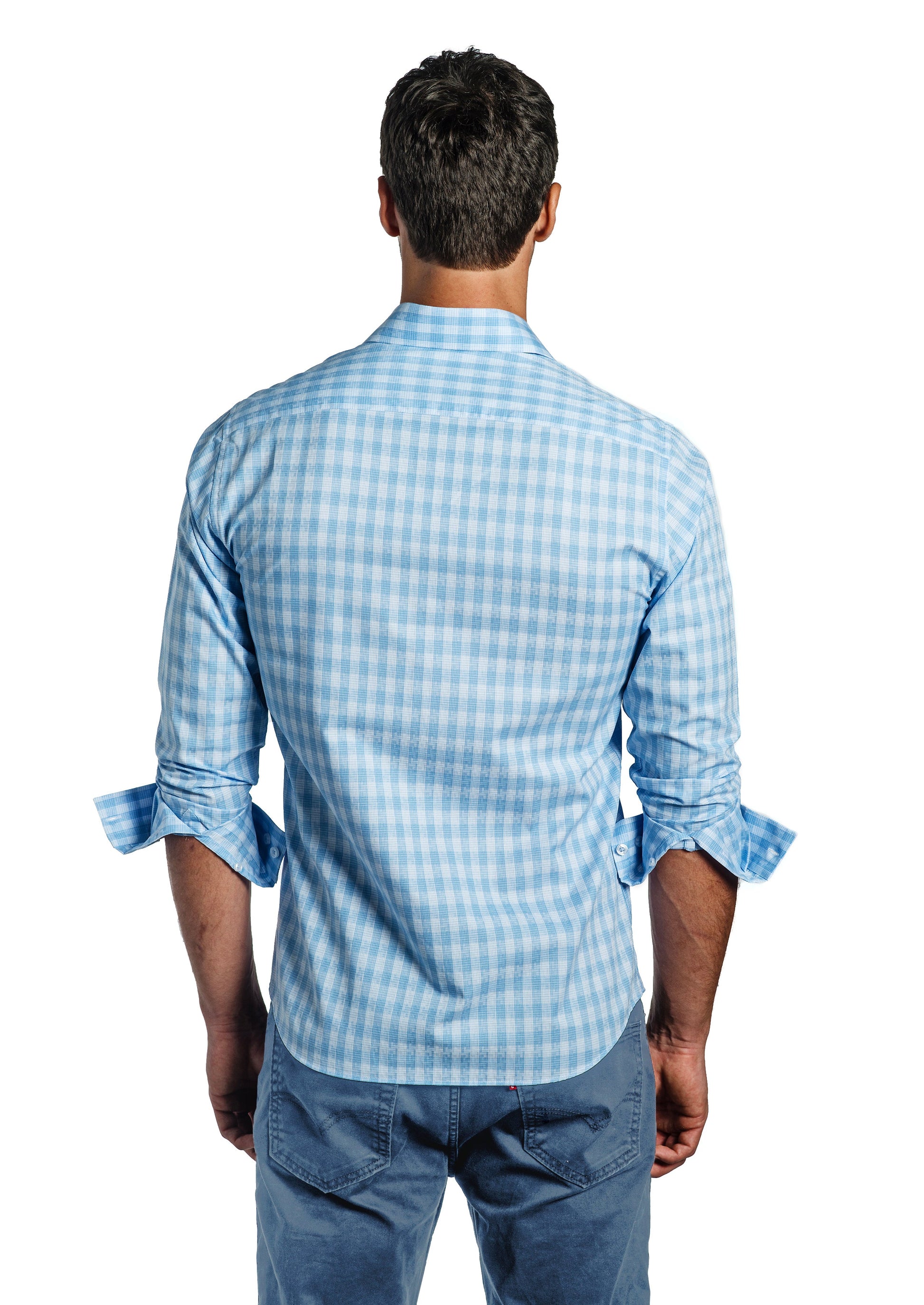 Light Blue Check Long Sleeve Shirt T-6695 Back