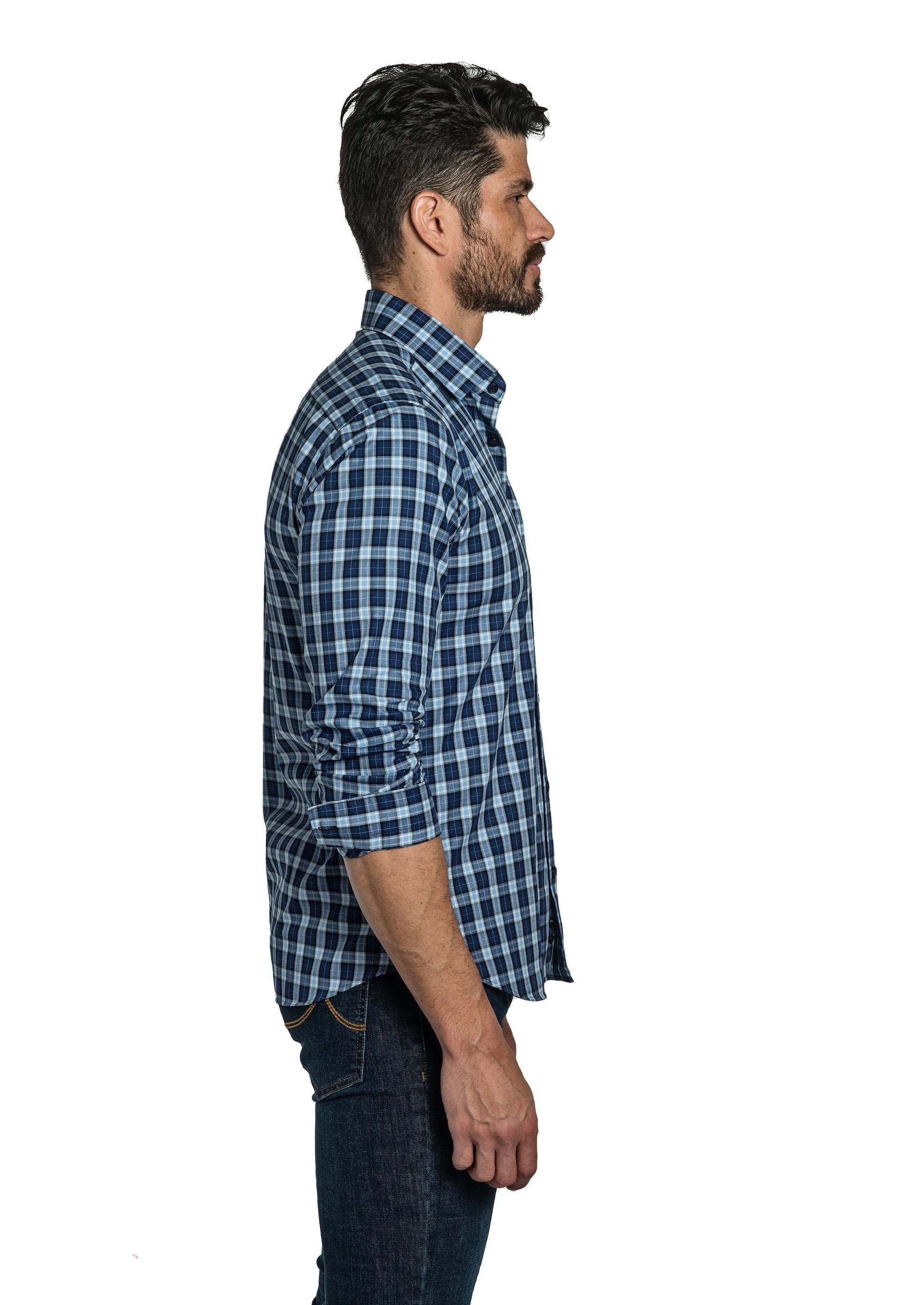 Dark Blue Check Long Sleeve Shirt T-6757 Side
