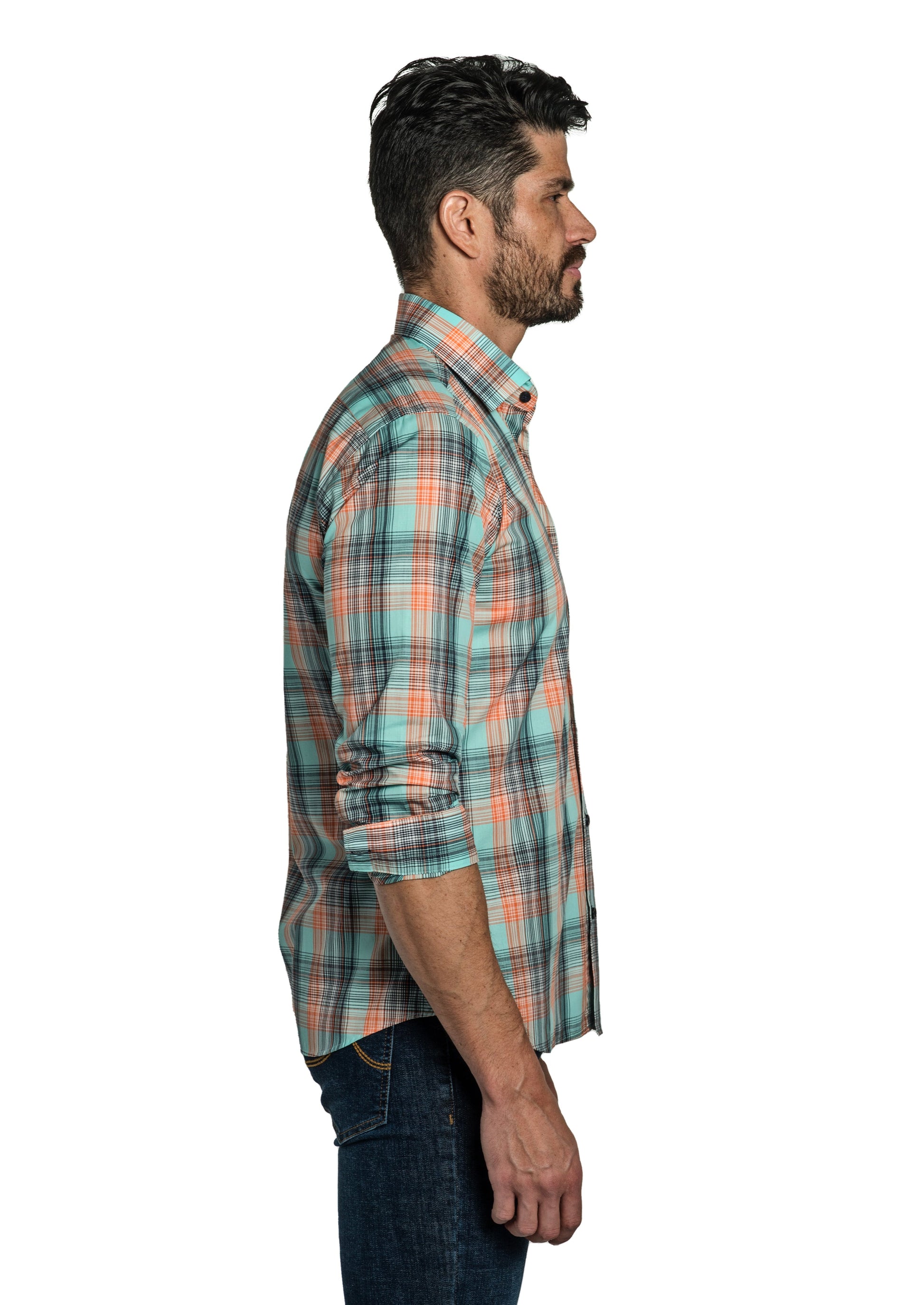 Turquoise Check Long Sleeve Shirt T-6768 Side