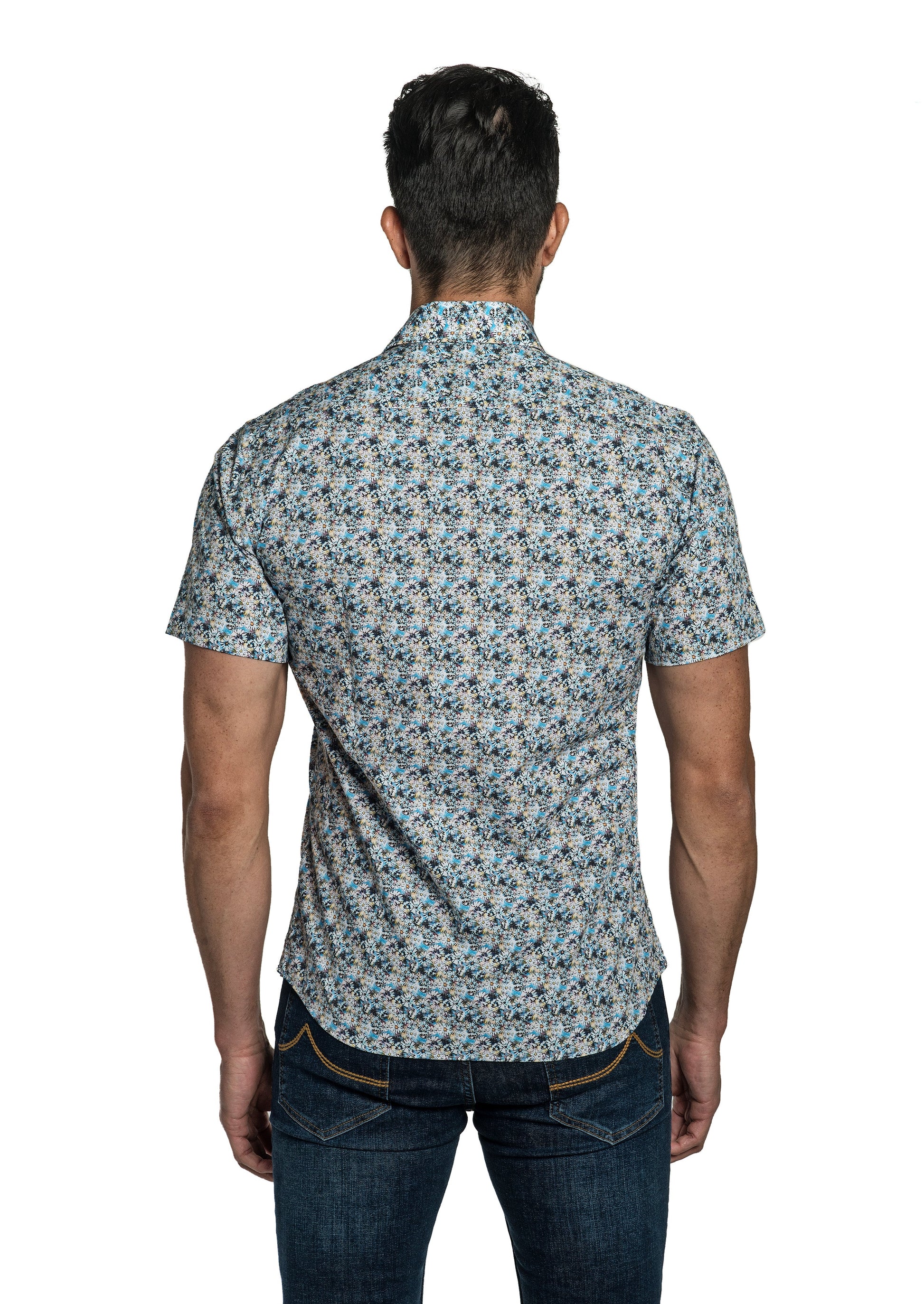 White + Blue Floral Short Sleeve Shirt T-6778SS Back