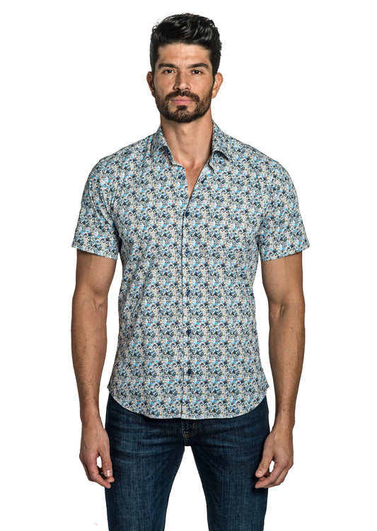 White + Blue Floral Short Sleeve Shirt T-6778SS Front