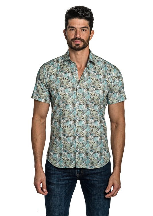 Off White Floral Short Sleeve Shirt T-6780SS Front