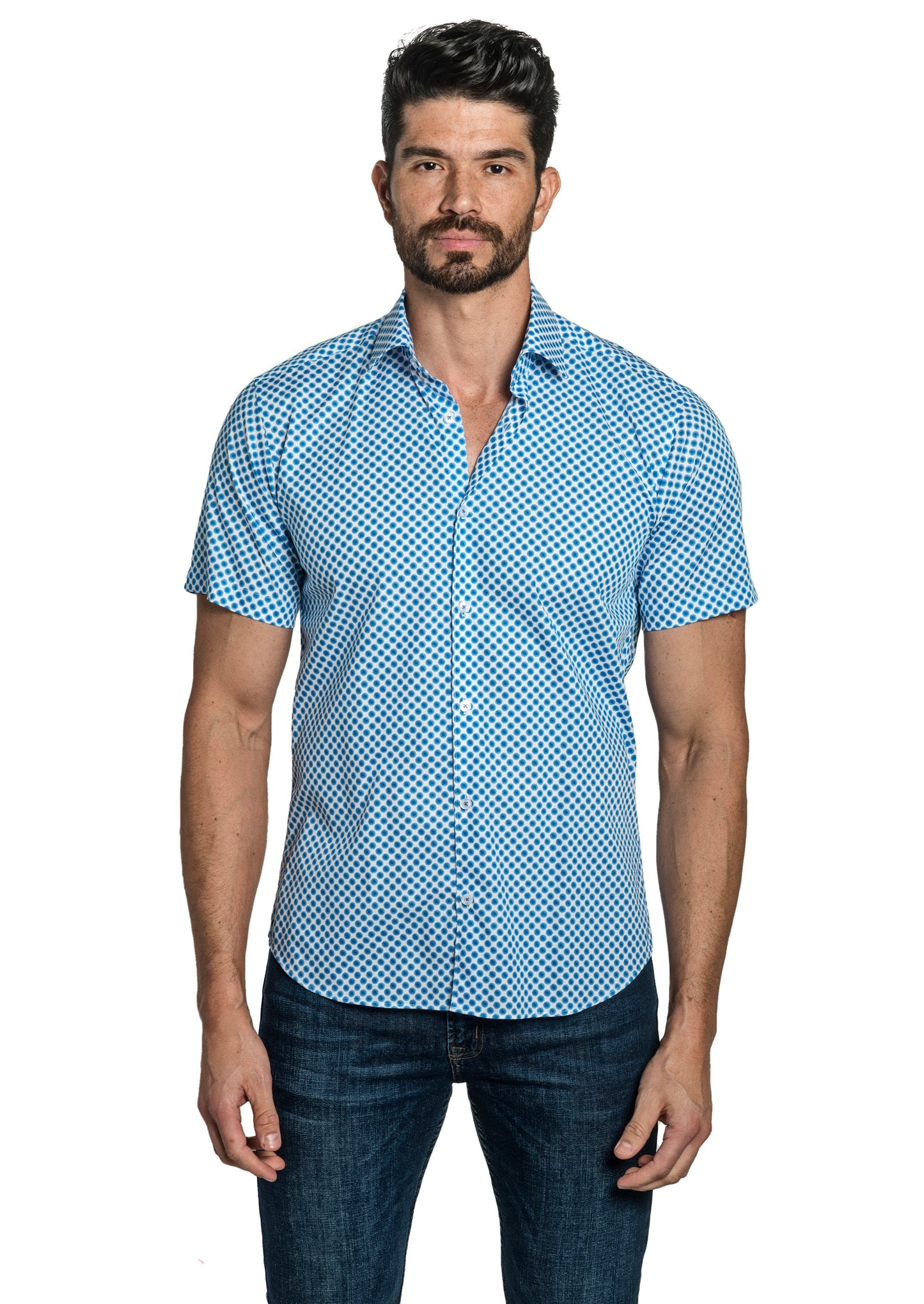 White + Blue Short Sleeve Shirt T-6787SS Front