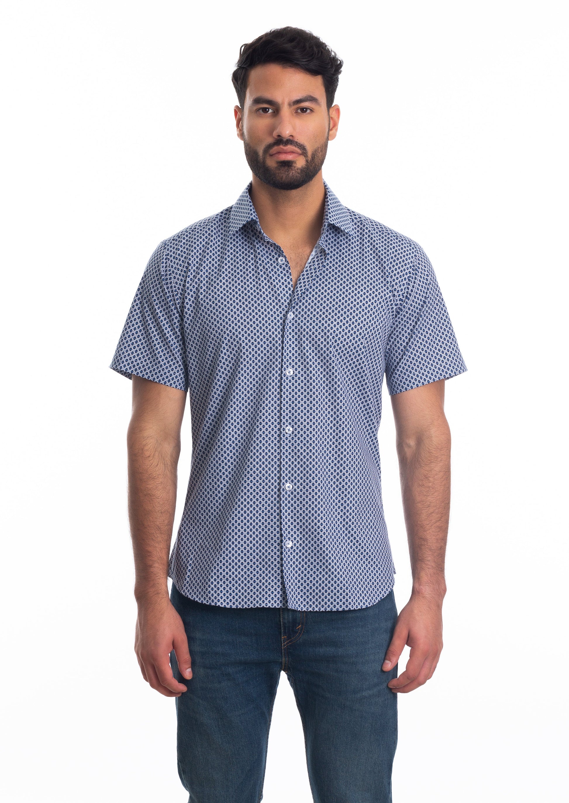 White + Blue Short Sleeve Shirt T-6803SS Front