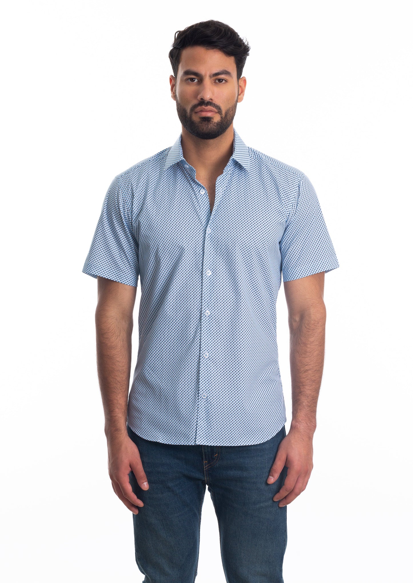 White + Blue Short Sleeve Shirt T-6806SS Front