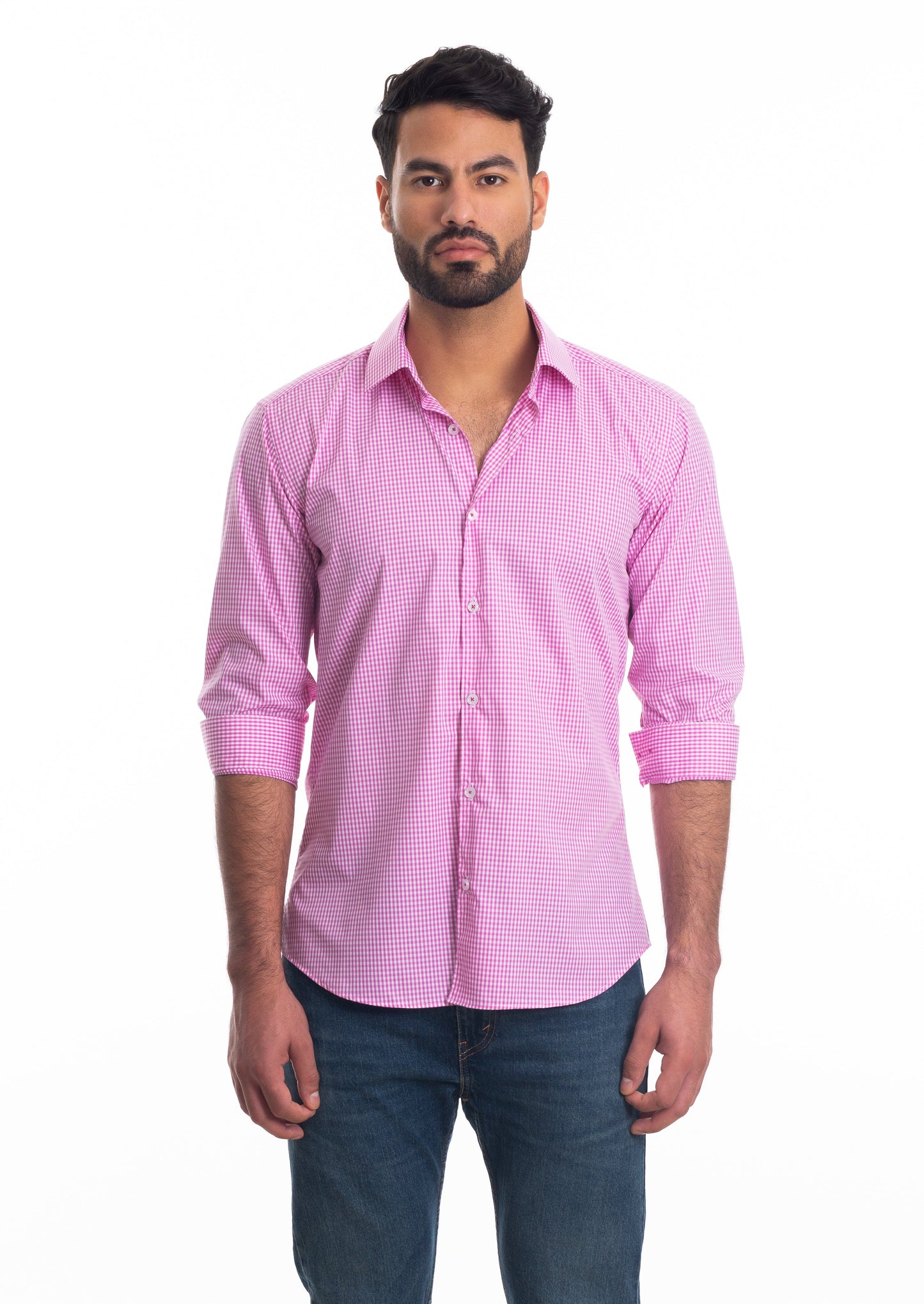 Pink Gingham Long Sleeve Shirt T-6807 Front