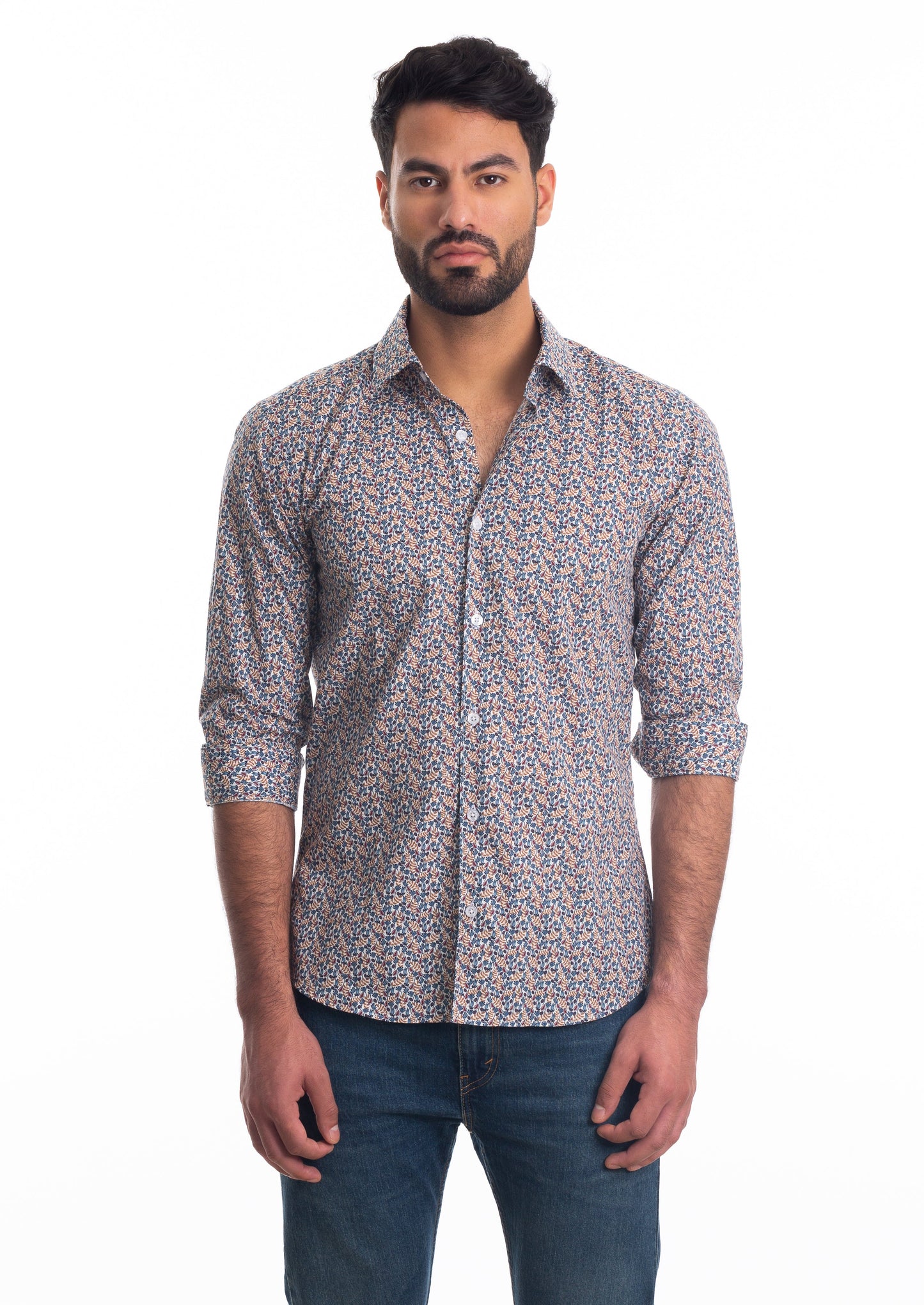 White Floral Long Sleeve Shirt T-6809 Front