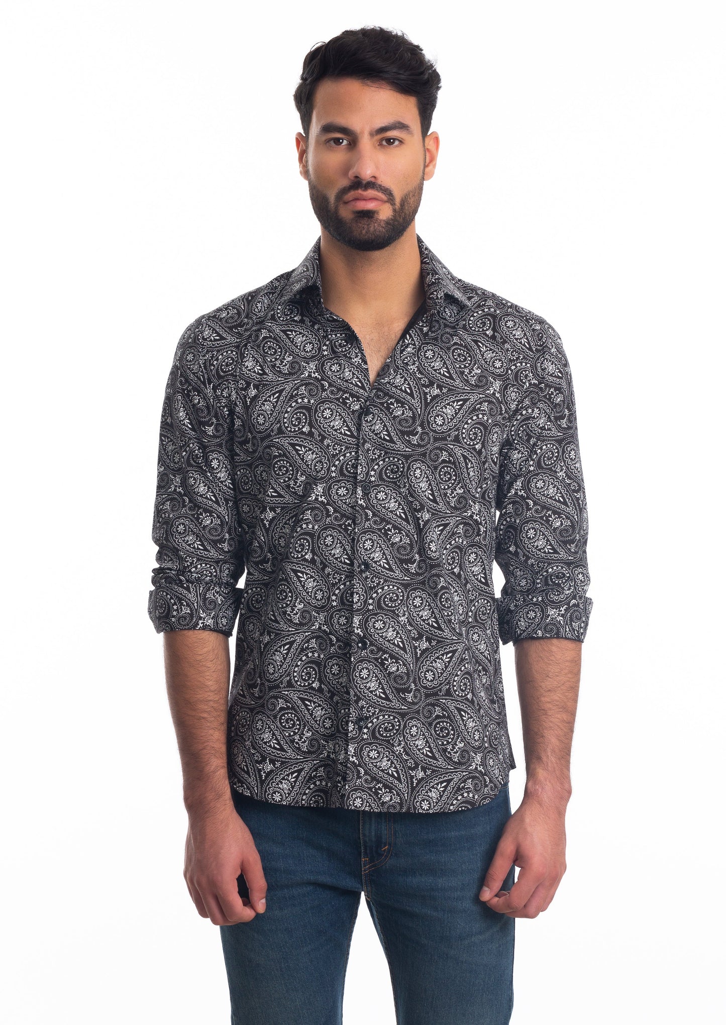 Black Paisley Long Sleeve Shirt T-6810 Front