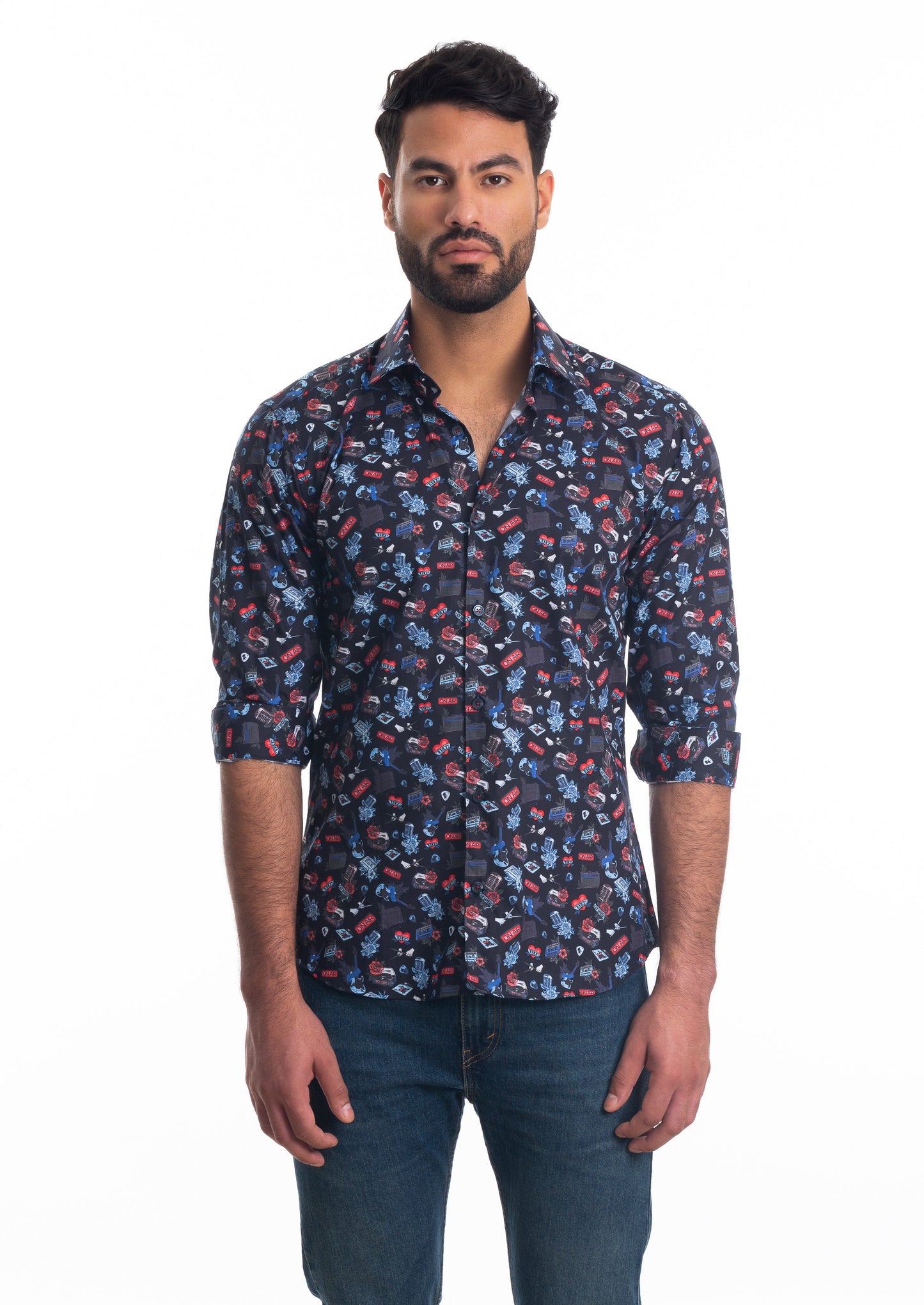 Black Print Long Sleeve Shirt T-6811 Front