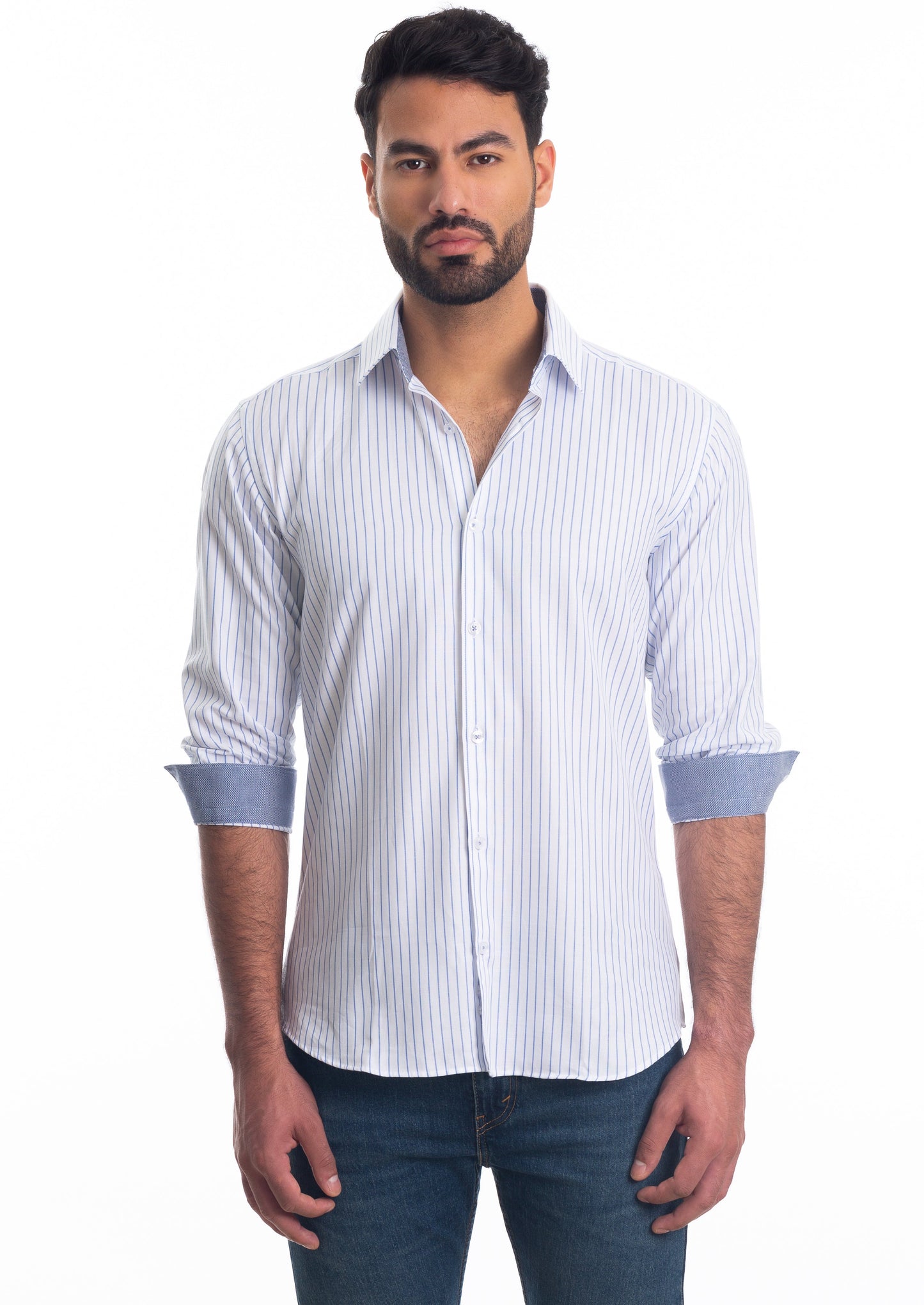 White Blue Stripes Long Sleeve Shirt T-6814 Front