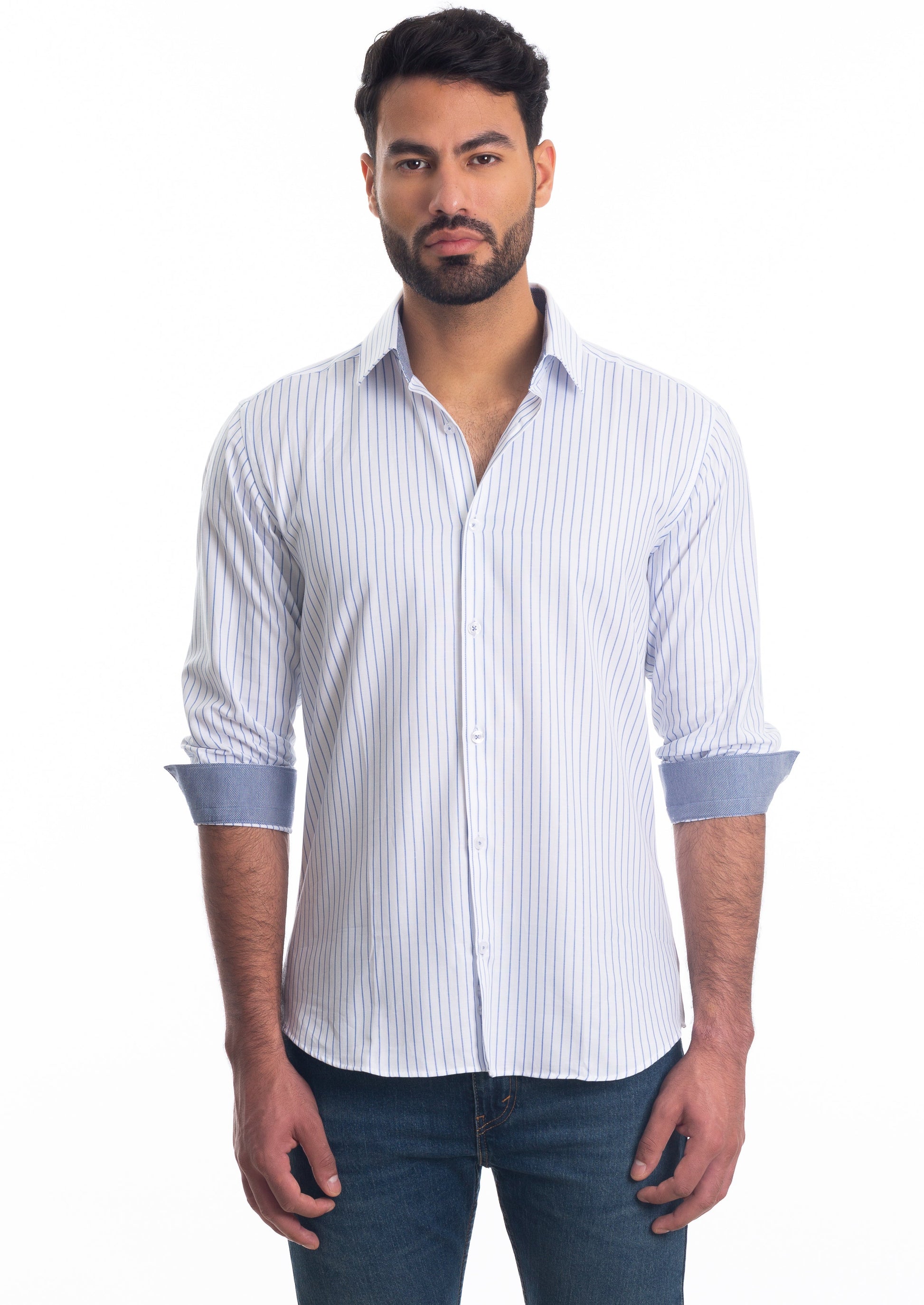 White Blue Stripes Long Sleeve Shirt T-6814 Front