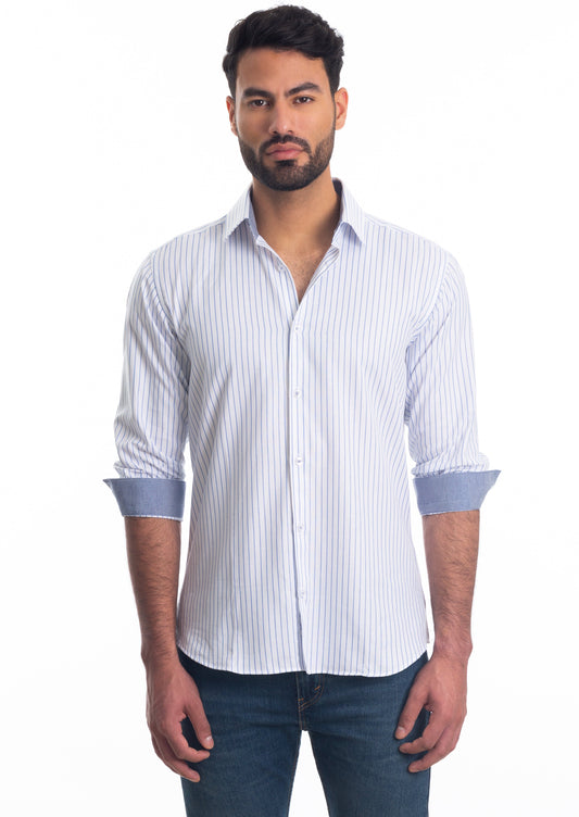 White Blue Stripes Long Sleeve Shirt T-6814 Front