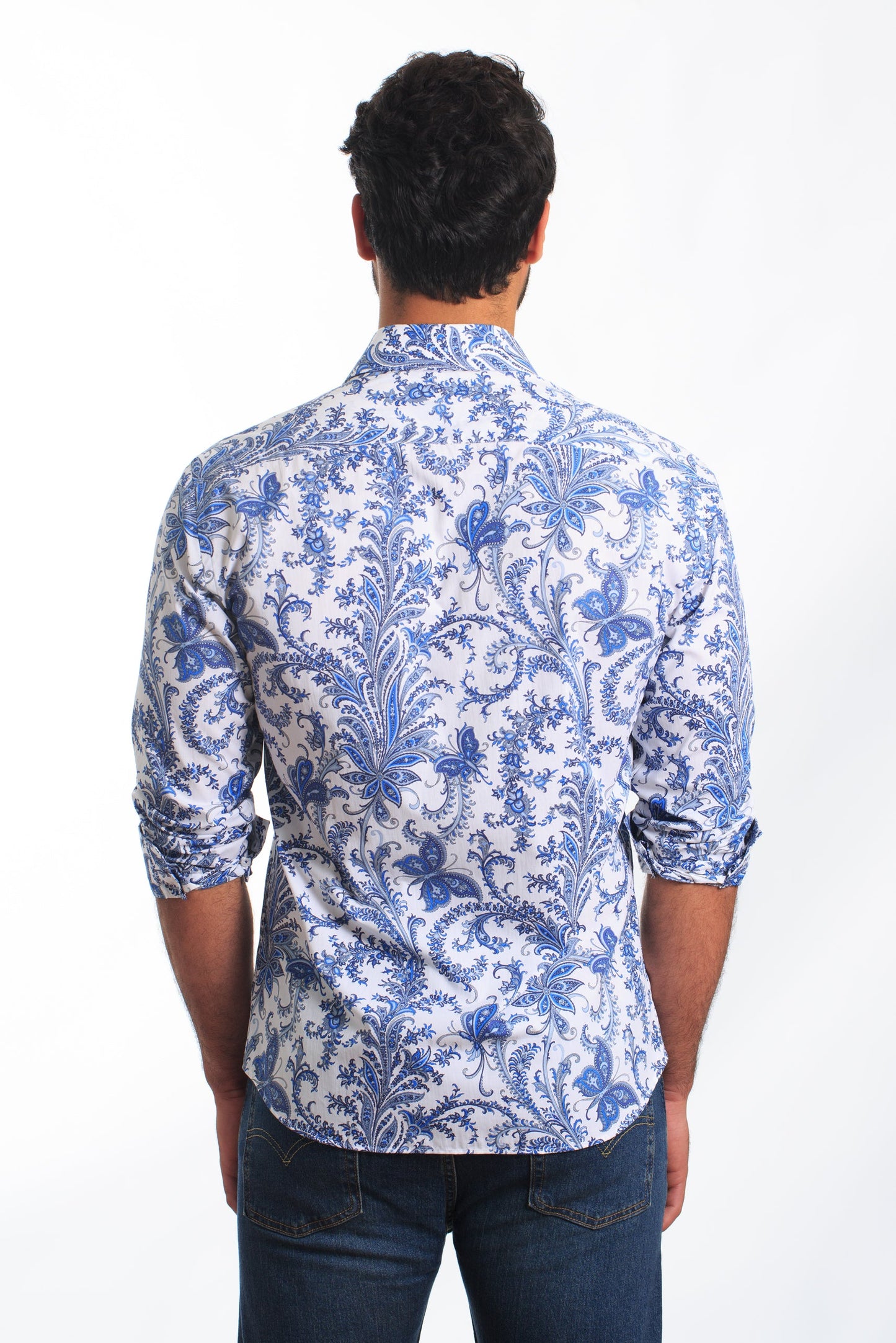 White + Blue Long Sleeve Shirt T-6830 Back