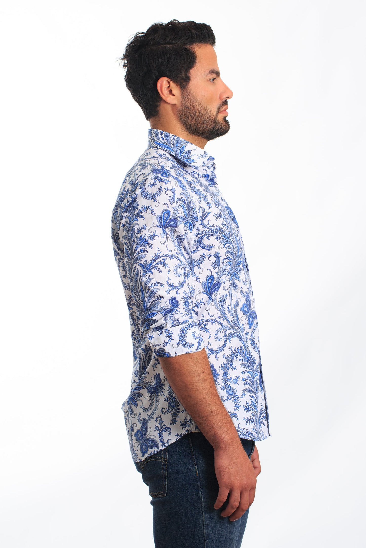 White + Blue Long Sleeve Shirt T-6830 Side