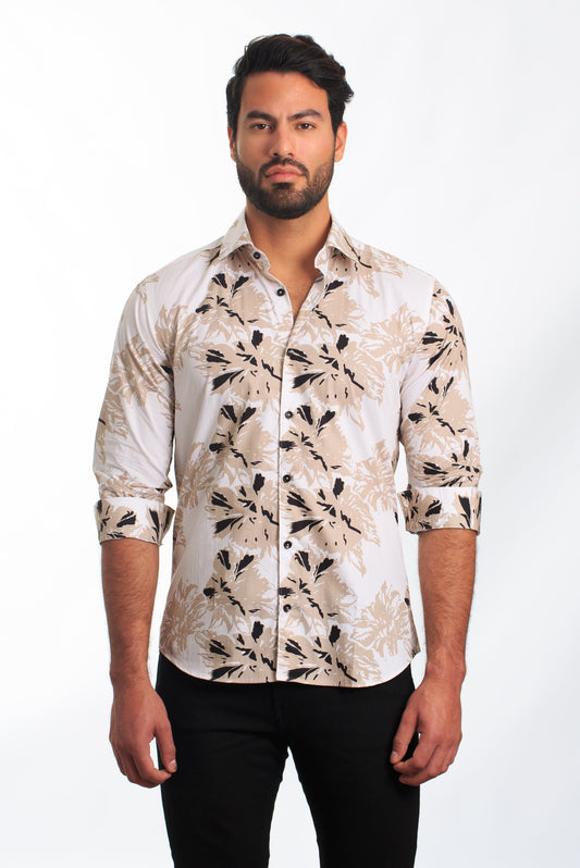 White + Beige Long Sleeve Shirt T-6833 Front