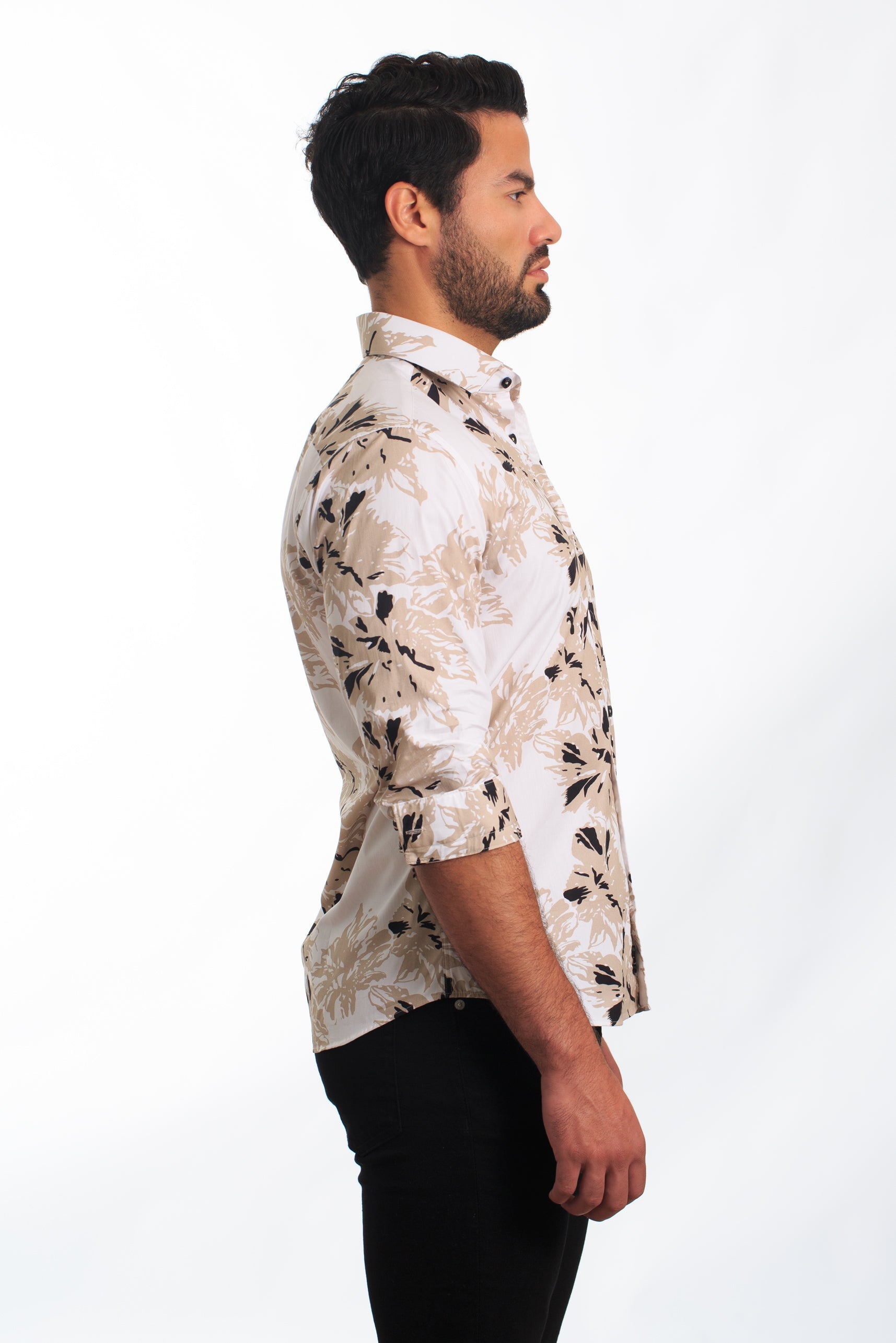 White + Beige Long Sleeve Shirt T-6833 Side