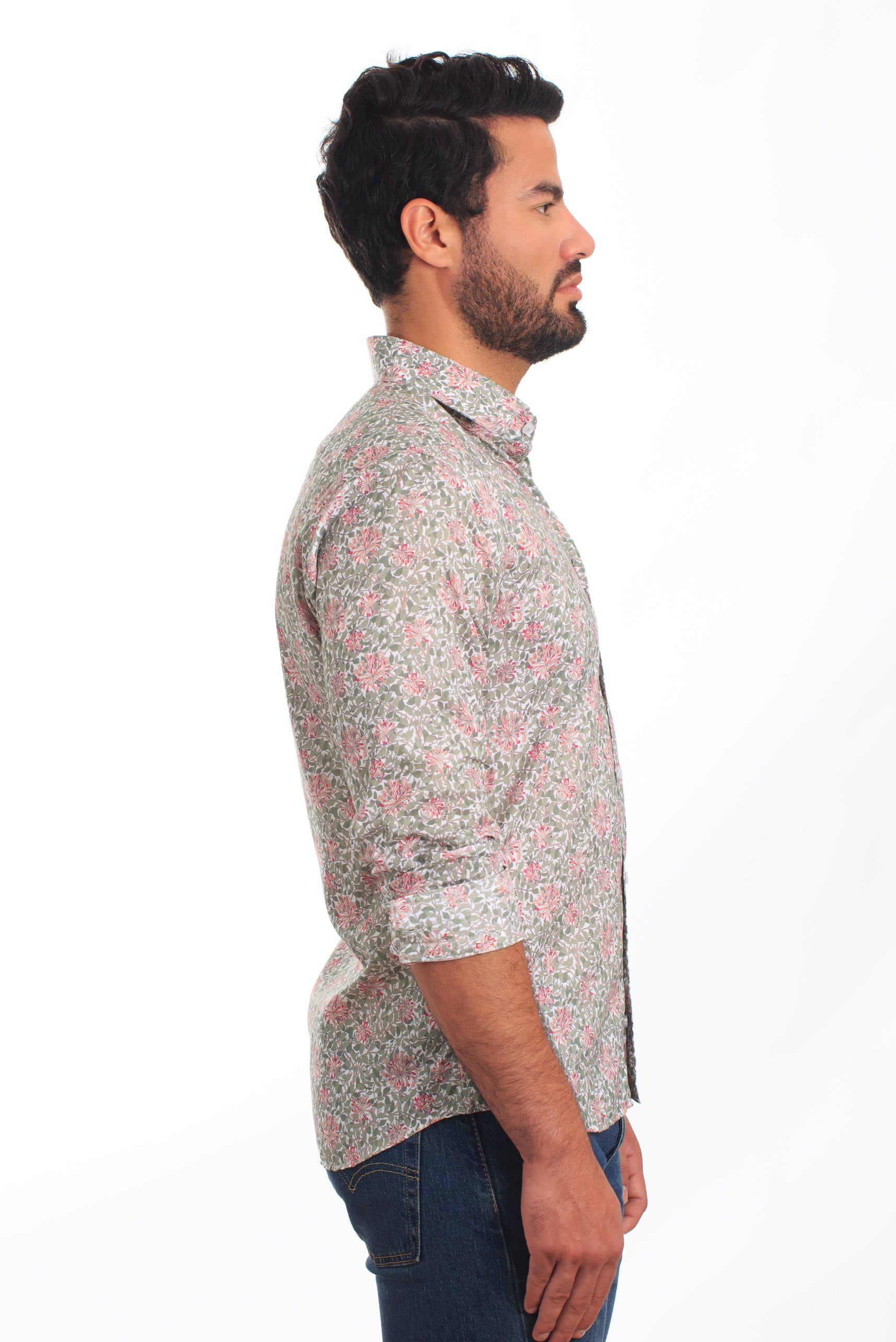 Green + White Long Sleeve Shirt T-6835 Side