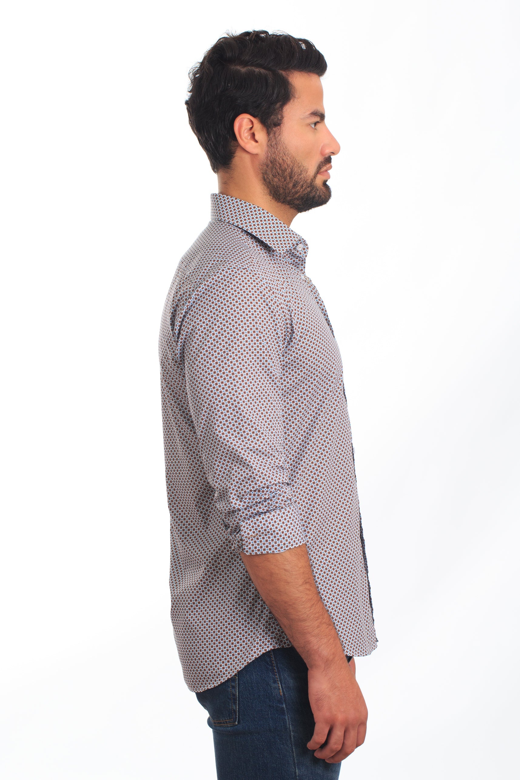 White + Brown Long Sleeve Shirt T-6840 Side