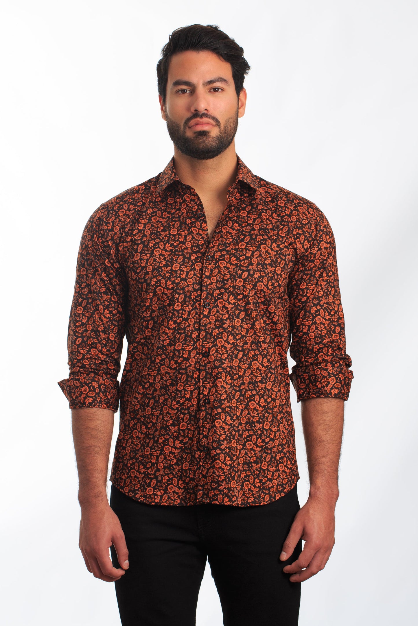 Black + Orange Long Sleeve Shirt T-6841 Front