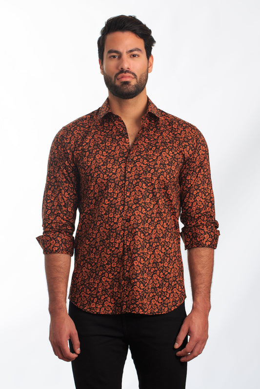 Black + Orange Long Sleeve Shirt T-6841 Front