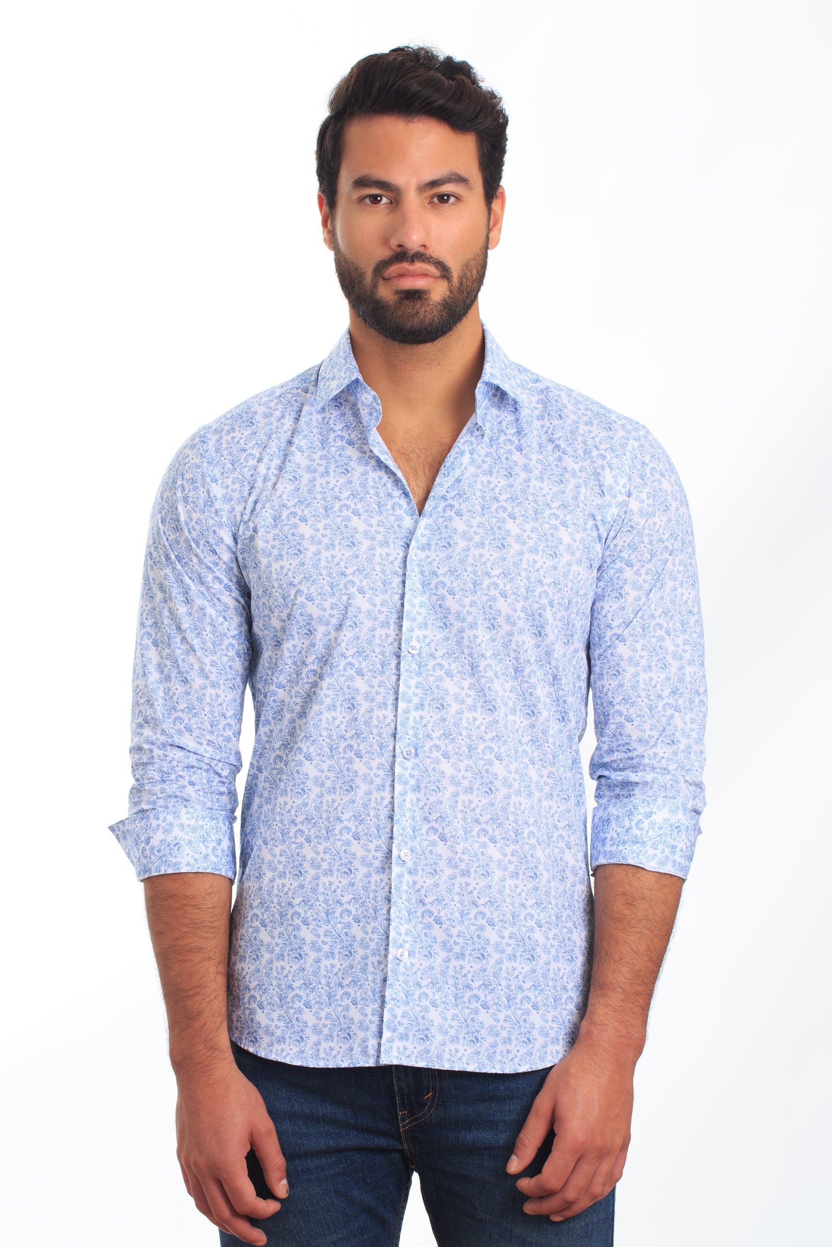 White + Blue Long Sleeve Shirt T-6842 Front