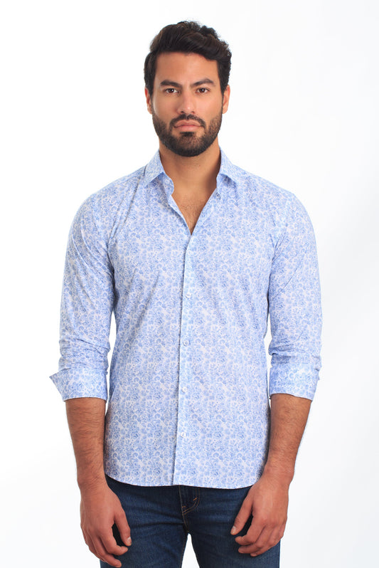 White + Blue Long Sleeve Shirt T-6842 Front