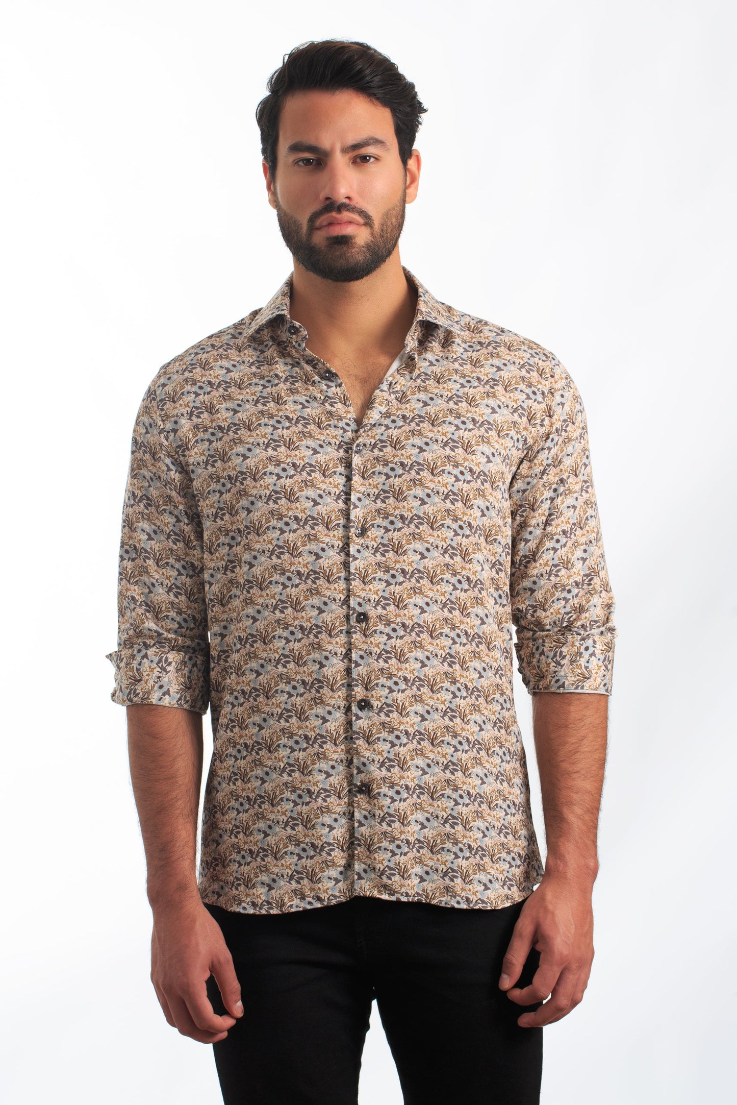 Cream Floral Long Sleeve Shirt T-6845 Front