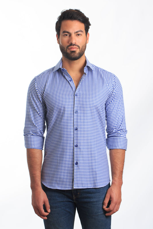 Blue + White Long Sleeve Shirt T-6858 Front