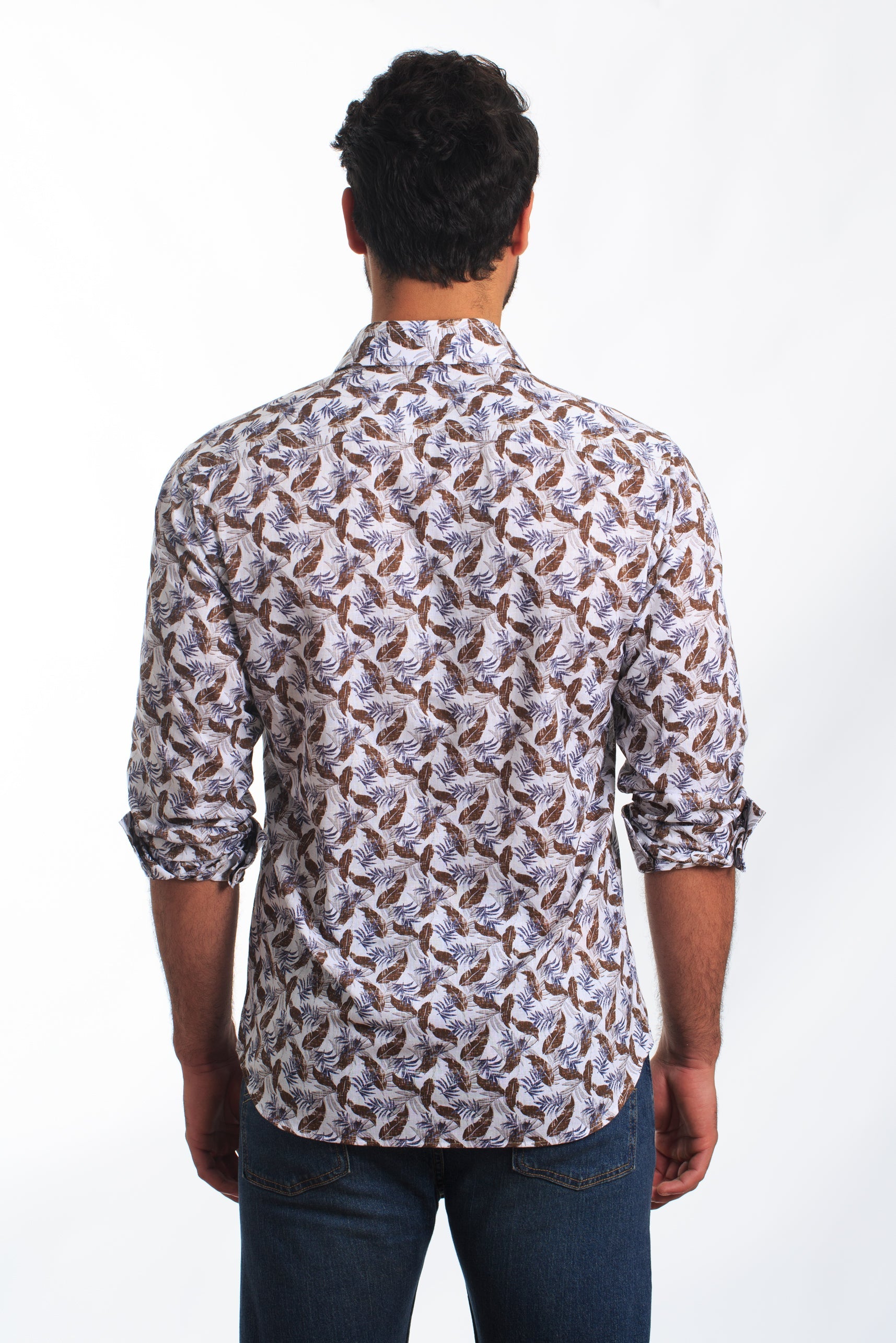 White + Brown Print Long Sleeve Shirt T-6874 Back