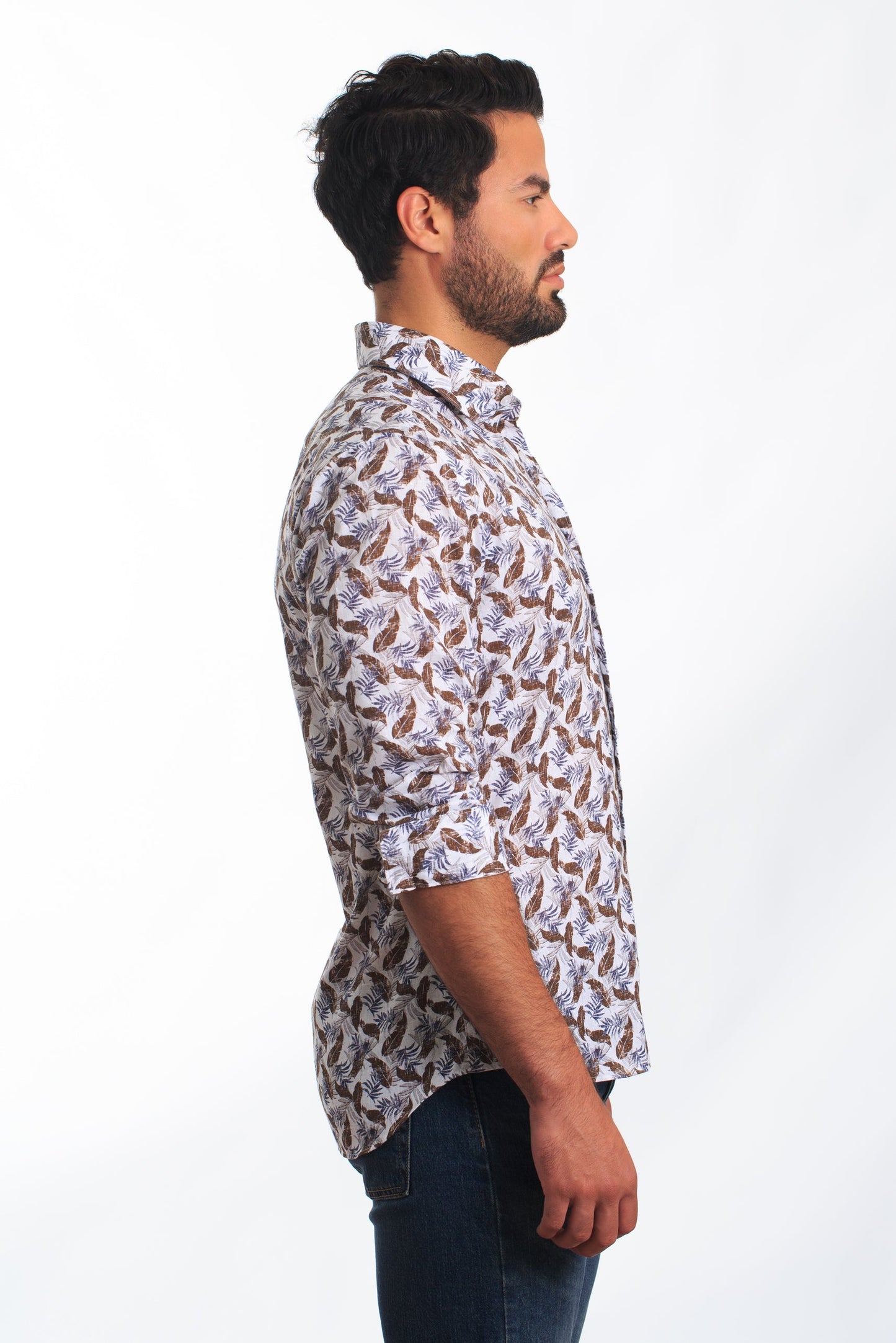 White + Brown Print Long Sleeve Shirt T-6874 Side