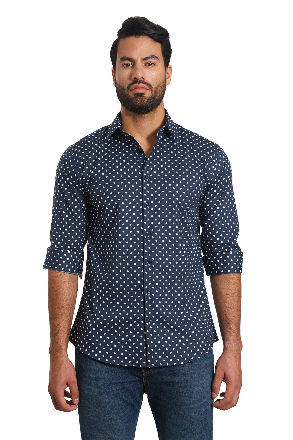 Jared Lang Mens Long Sleeve Shirt, Navy Blue, Small, Cotton