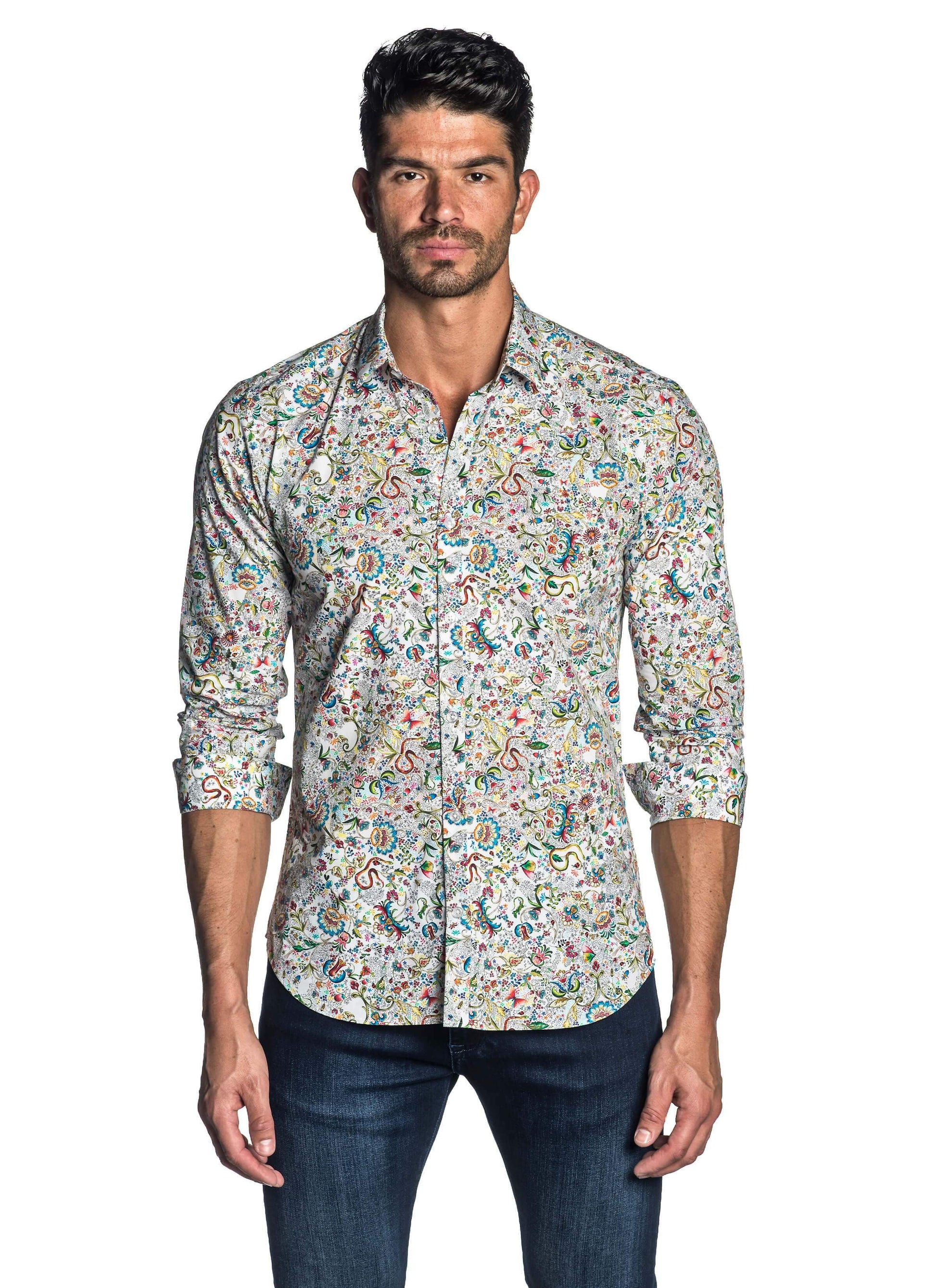 White and Multicolor Floral Degrade Printed Shirt AH-T-7063 - Front - Jared Lang