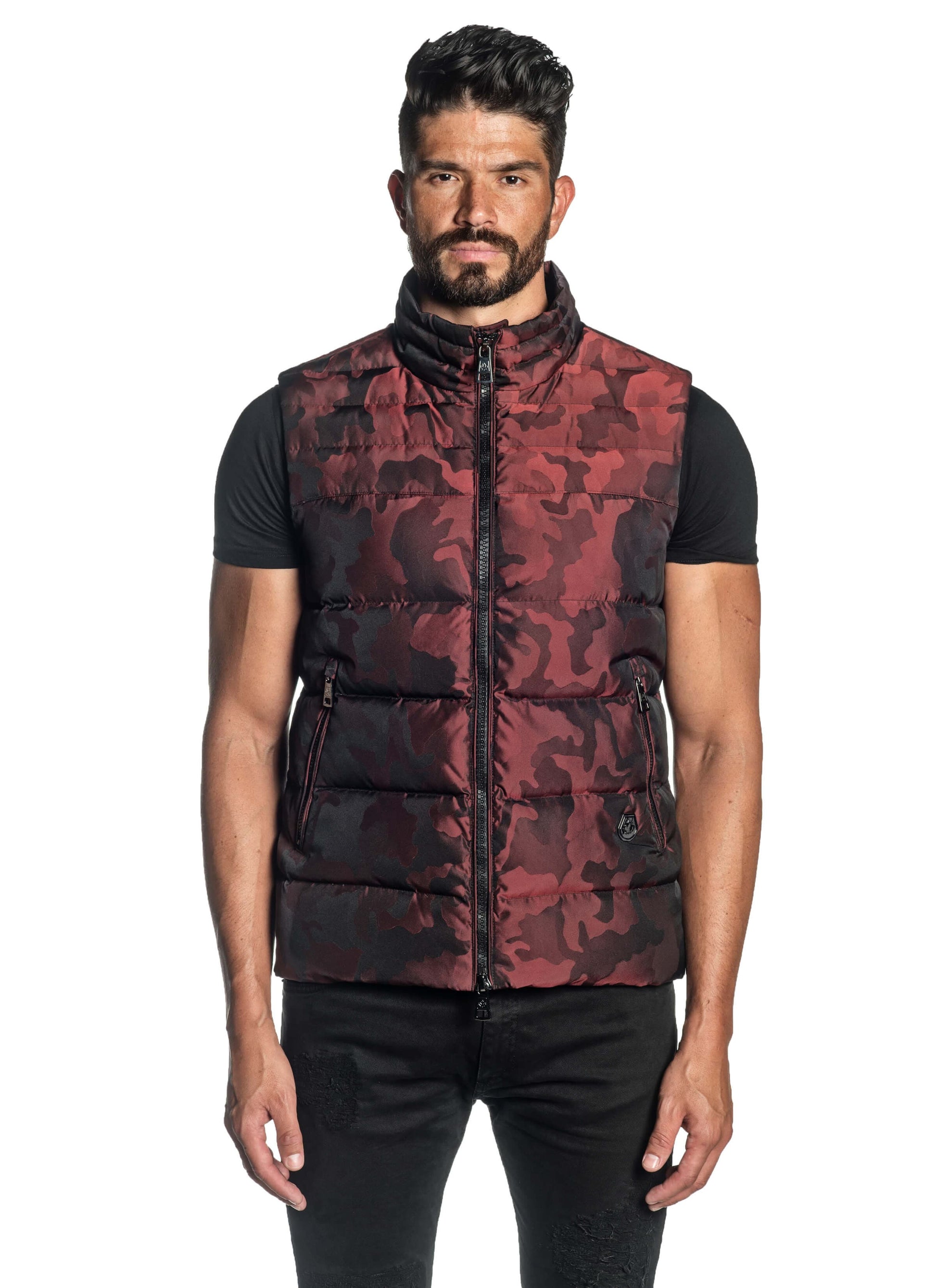 Red Camouflage Jacquard Down Vest Jacket Aspn 2D - Front - Jared Lang