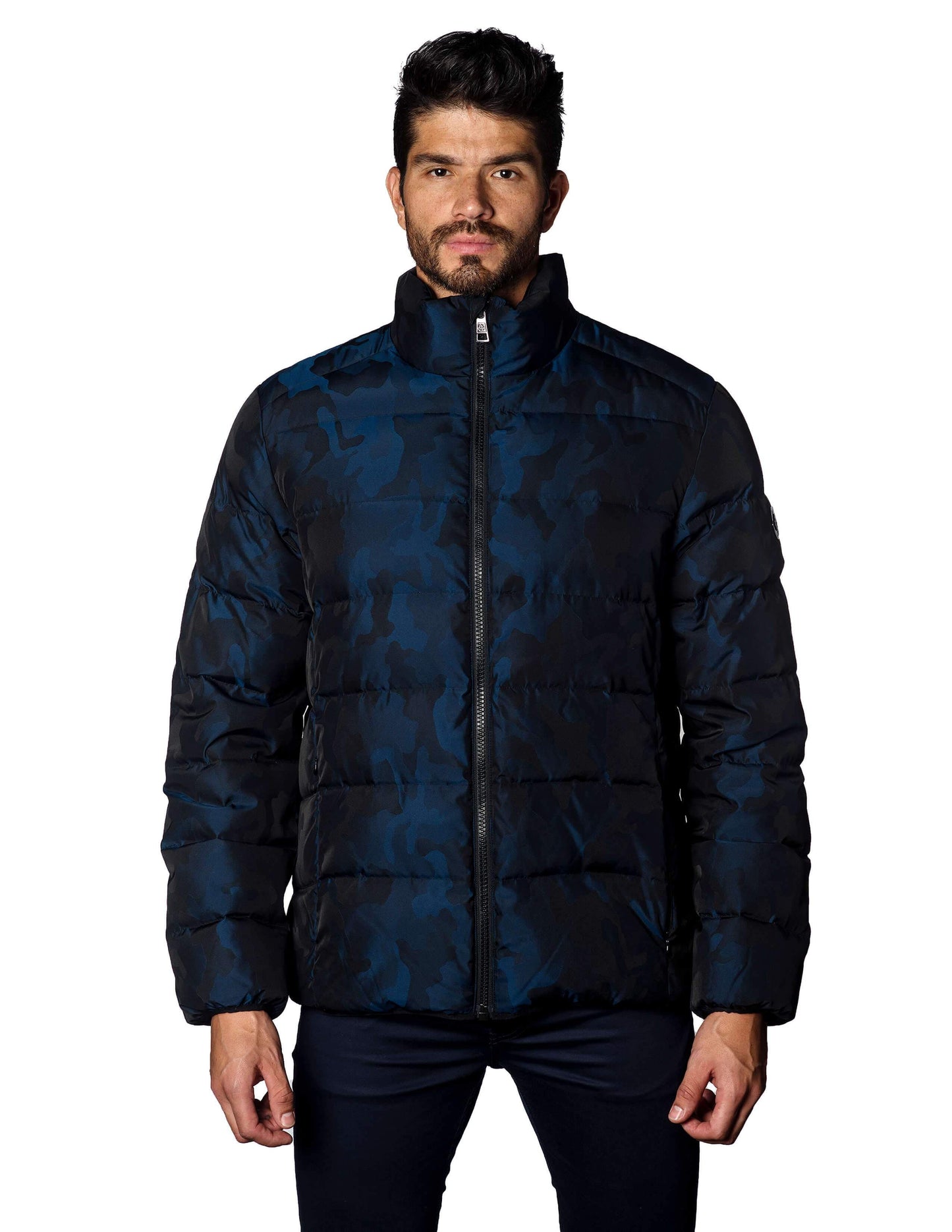 Navy Camouflage Jacquard Quilted Down Jacket Geneva 2C - Front Unzipped - Jared Lang