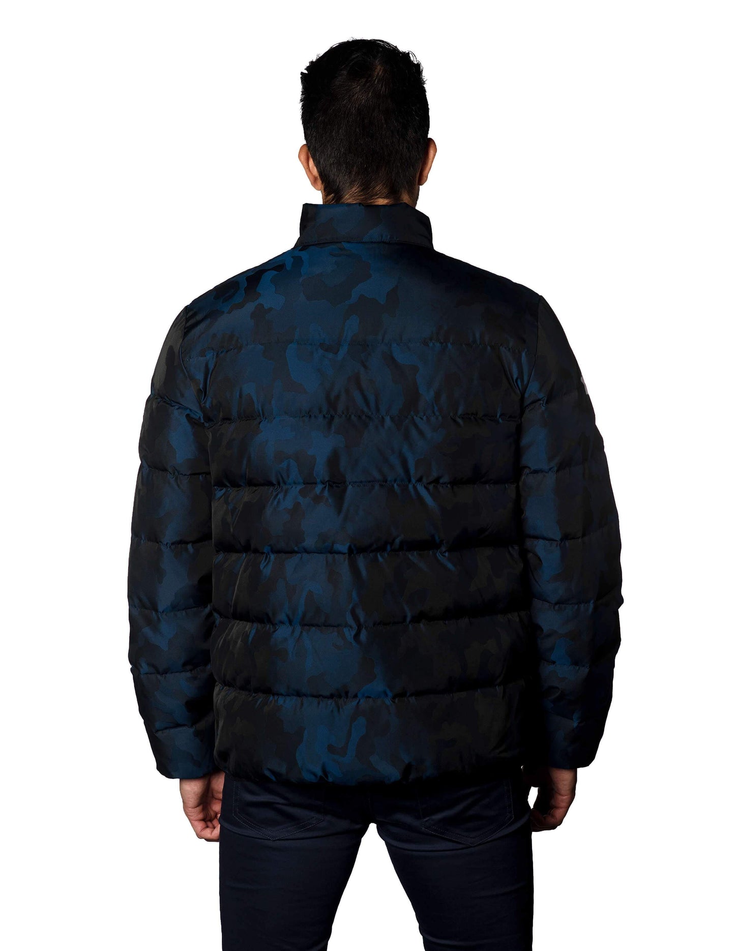 Navy Camouflage Jacquard Quilted Down Jacket Geneva 2C - Front Zipped - Jared Lang