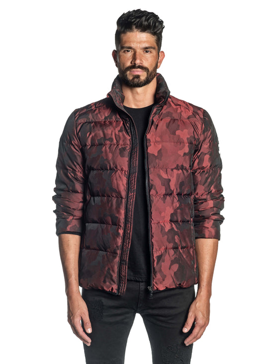 Red Camouflage Quilted Down Jacket Geneva 2D - Front Unbuttoned - Jared Lang