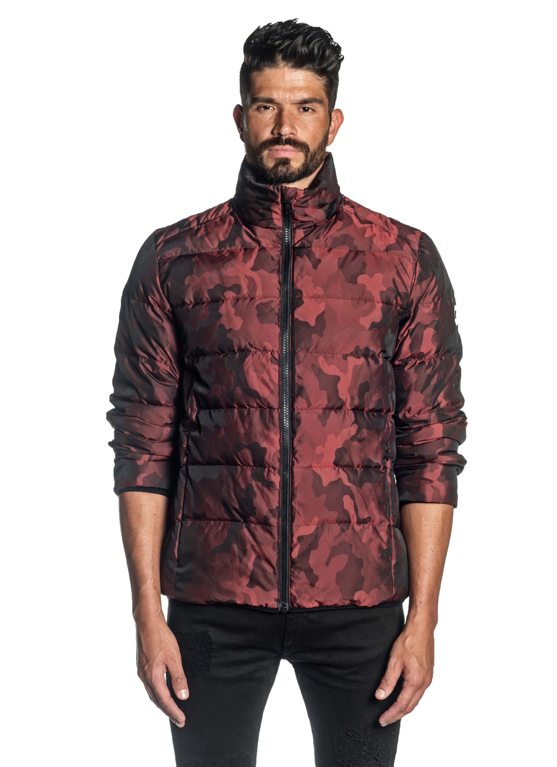 Red Camouflage Quilted Down Jacket Geneva 2D - Front Buttoned - Jared Lang
