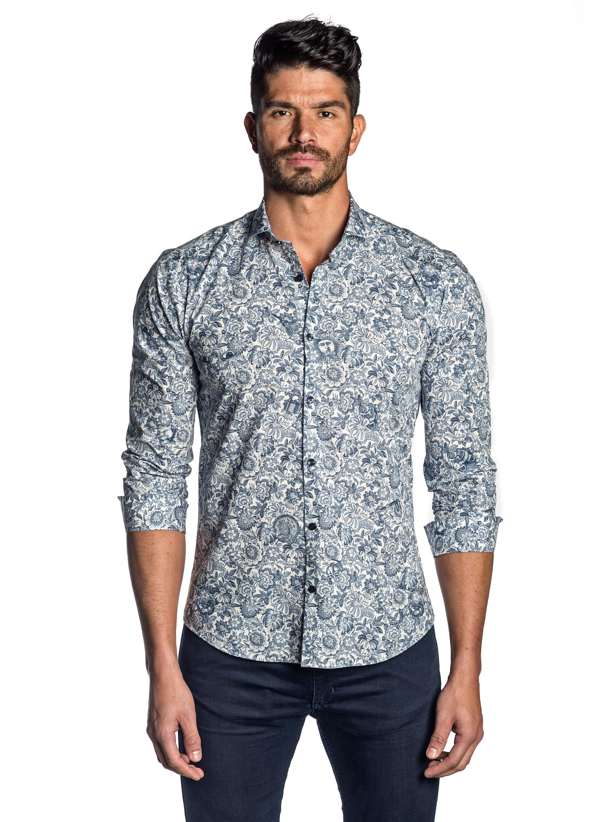 White and Blue Floral Shirt for Men ITA-T-8091 - Front - Jared Lang