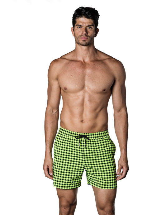 Black Yellow Fluorescent Check Pattern Swimwear Quick Dry for Men J18-047.