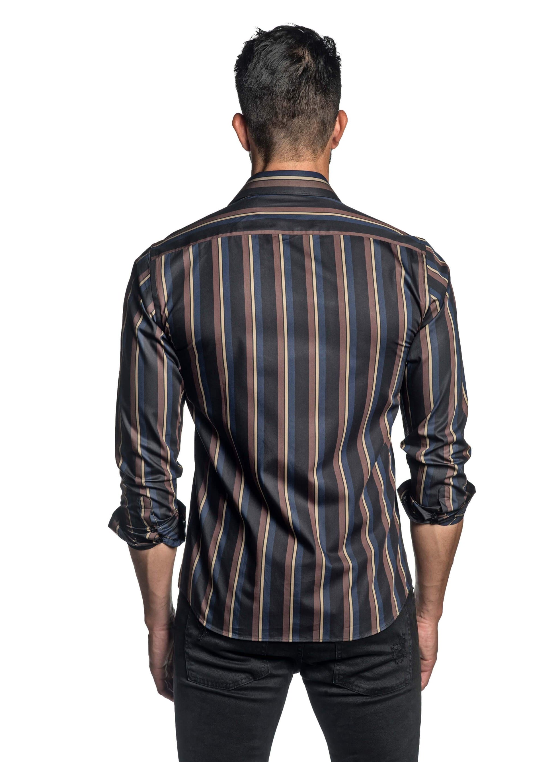 Black Blue and Brown Stripe Shirt for Men T-2646 - Back - Jared Lang