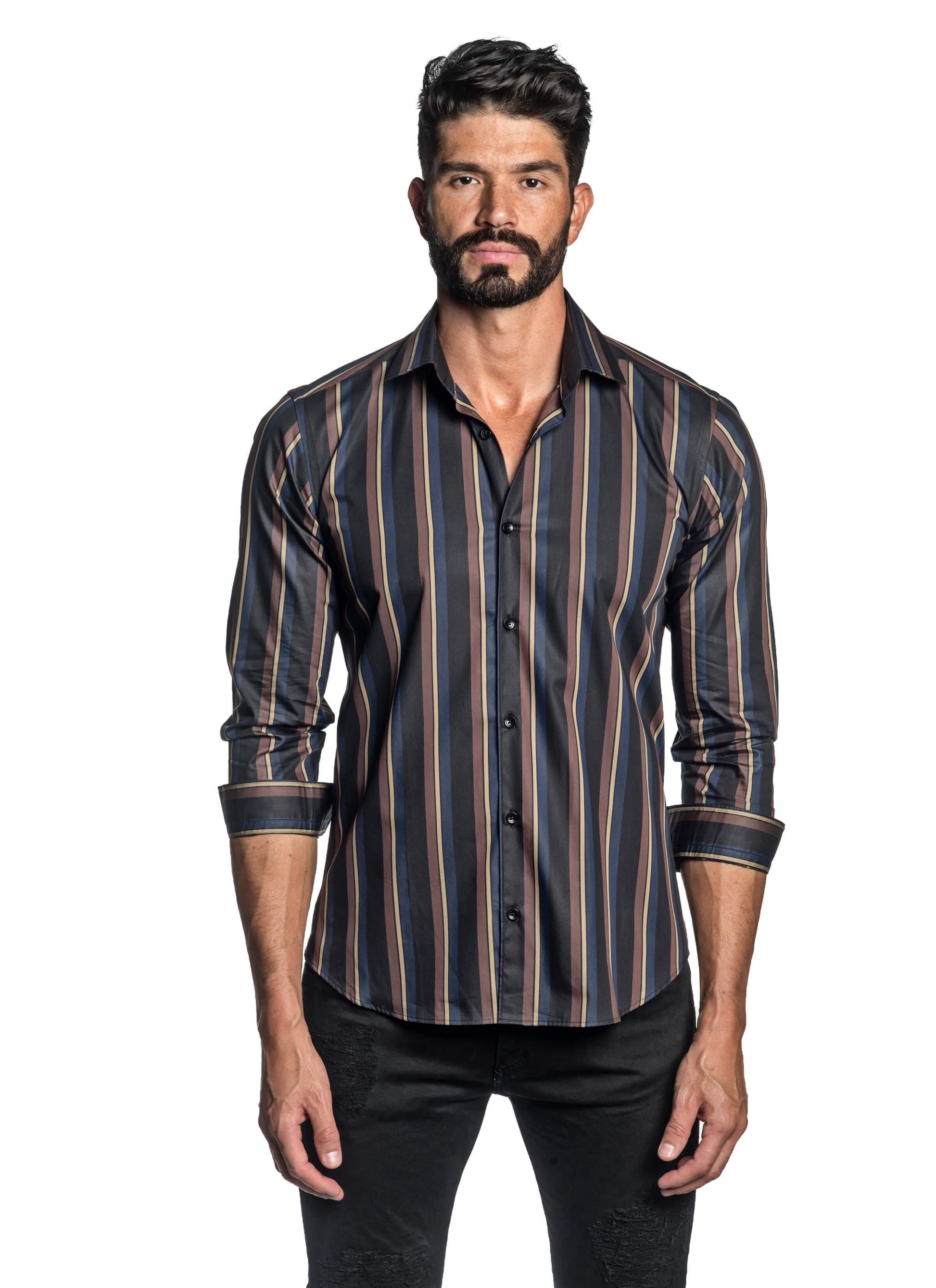 Black Blue and Brown Stripe Shirt for Men T-2646 - Front - Jared Lang
